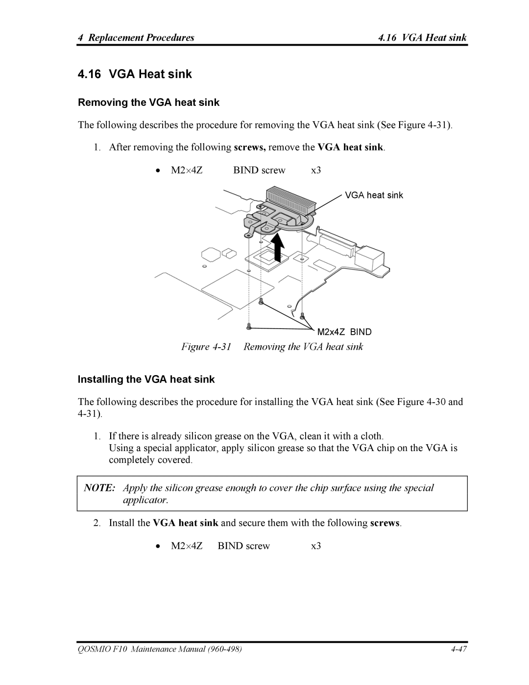 Toshiba 960-498 manual Replacement Procedures VGA Heat sink, Removing the VGA heat sink, Installing the VGA heat sink 