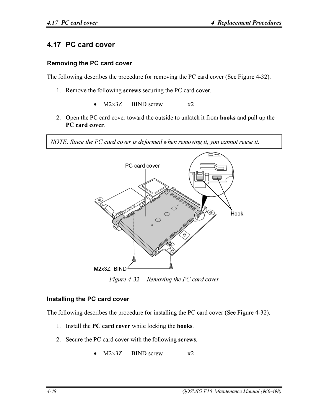 Toshiba 960-498 manual PC card cover4 Replacement Procedures, Removing the PC card cover, Installing the PC card cover 