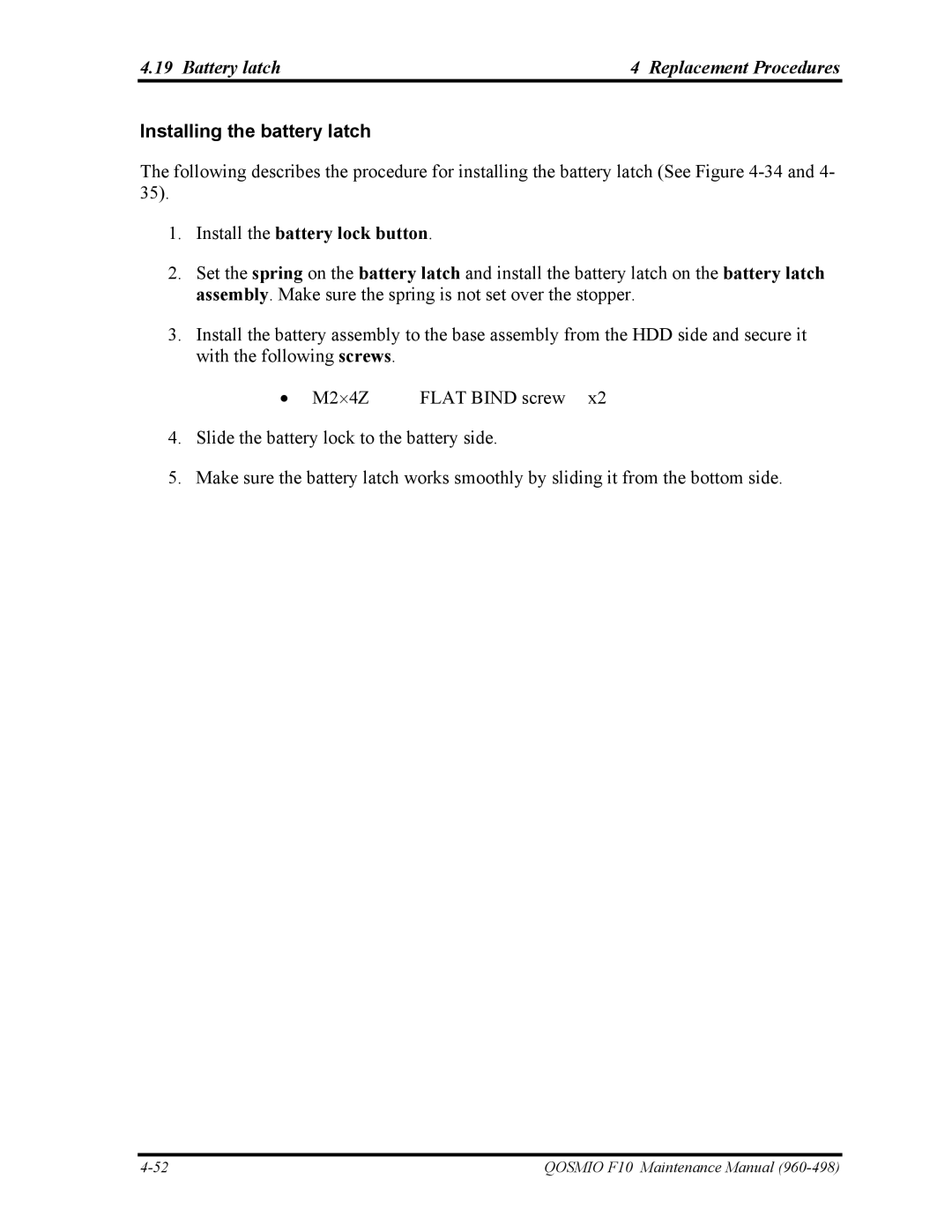 Toshiba 960-498 manual Battery latch Replacement Procedures, Installing the battery latch 