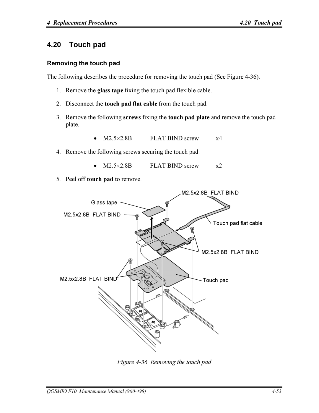 Toshiba 960-498 manual Replacement Procedures Touch pad, Removing the touch pad 