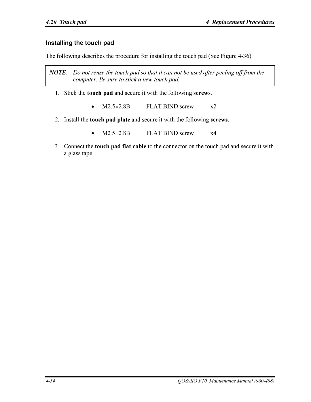Toshiba 960-498 manual Touch pad Replacement Procedures, Installing the touch pad 