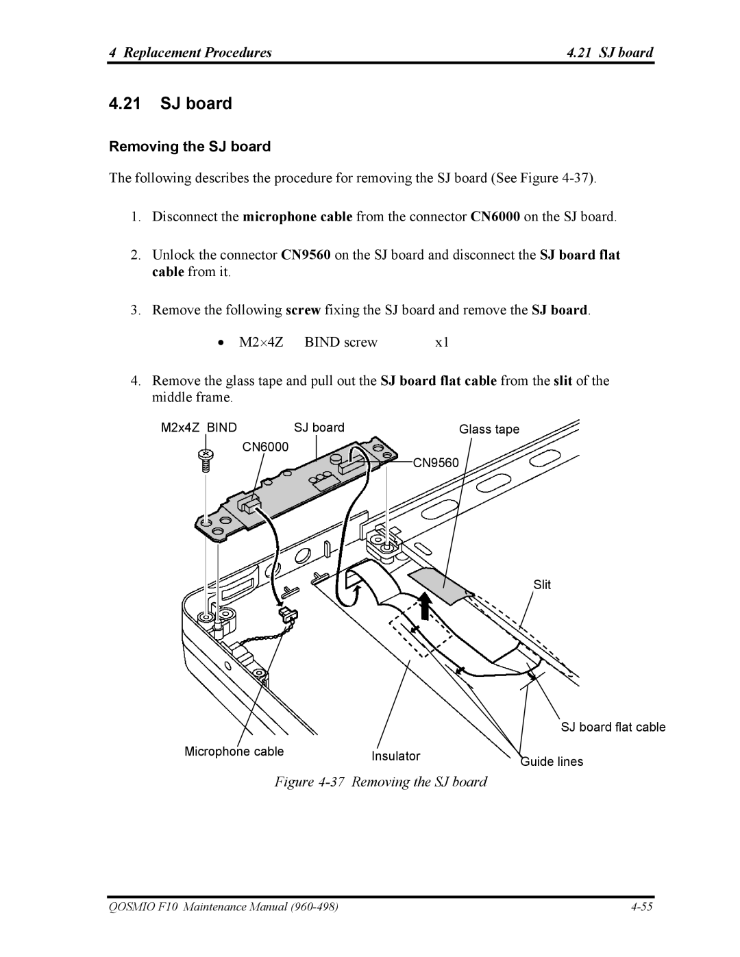 Toshiba 960-498 manual Replacement Procedures SJ board, Removing the SJ board 