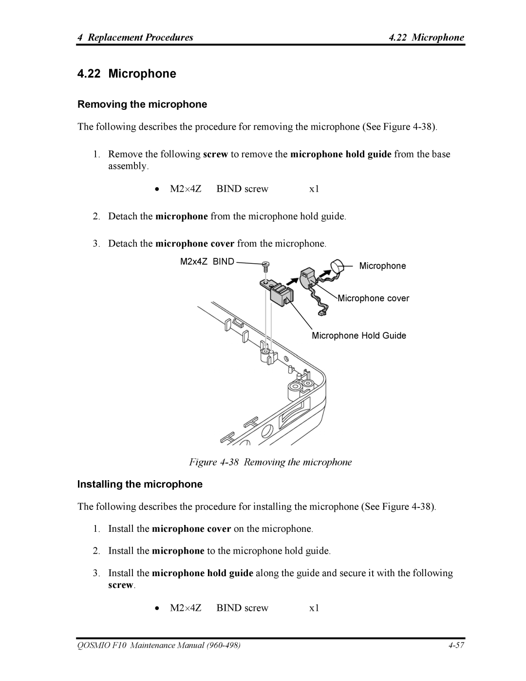 Toshiba 960-498 manual Replacement Procedures Microphone, Removing the microphone, Installing the microphone 