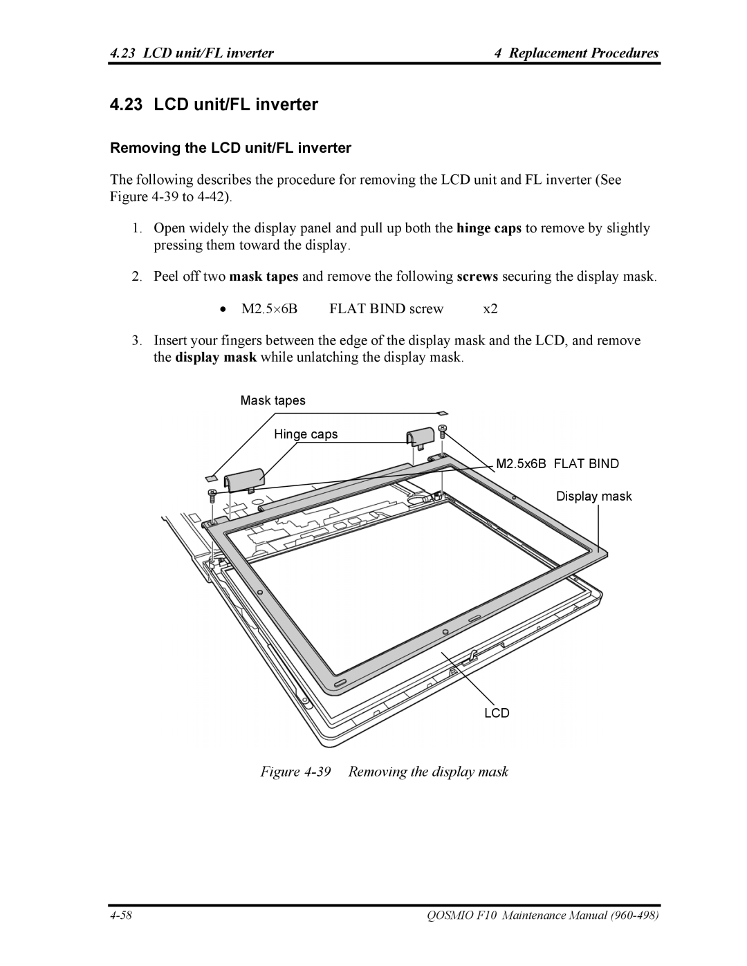 Toshiba 960-498 manual LCD unit/FL inverter Replacement Procedures, Removing the LCD unit/FL inverter 