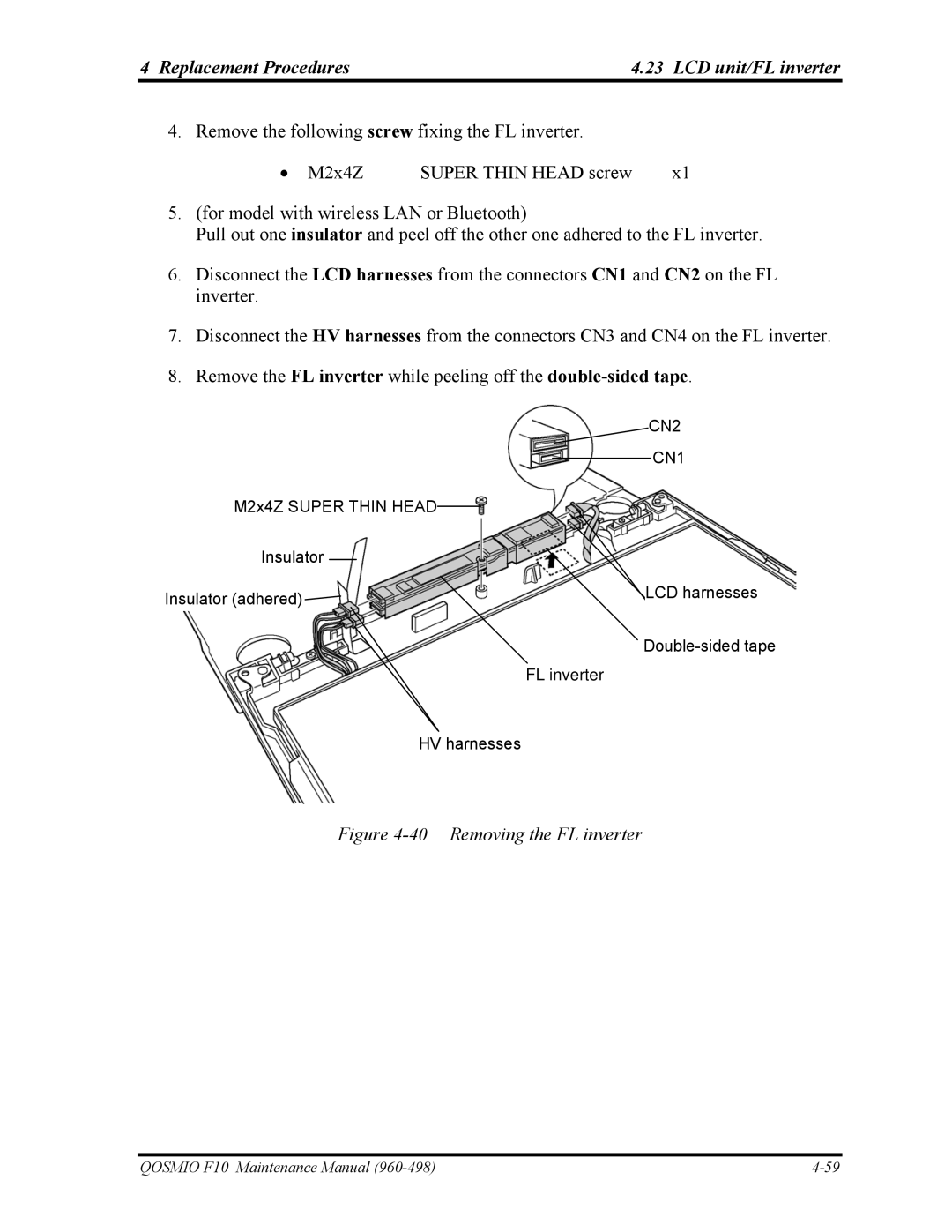 Toshiba 960-498 manual Replacement Procedures LCD unit/FL inverter, Removing the FL inverter 