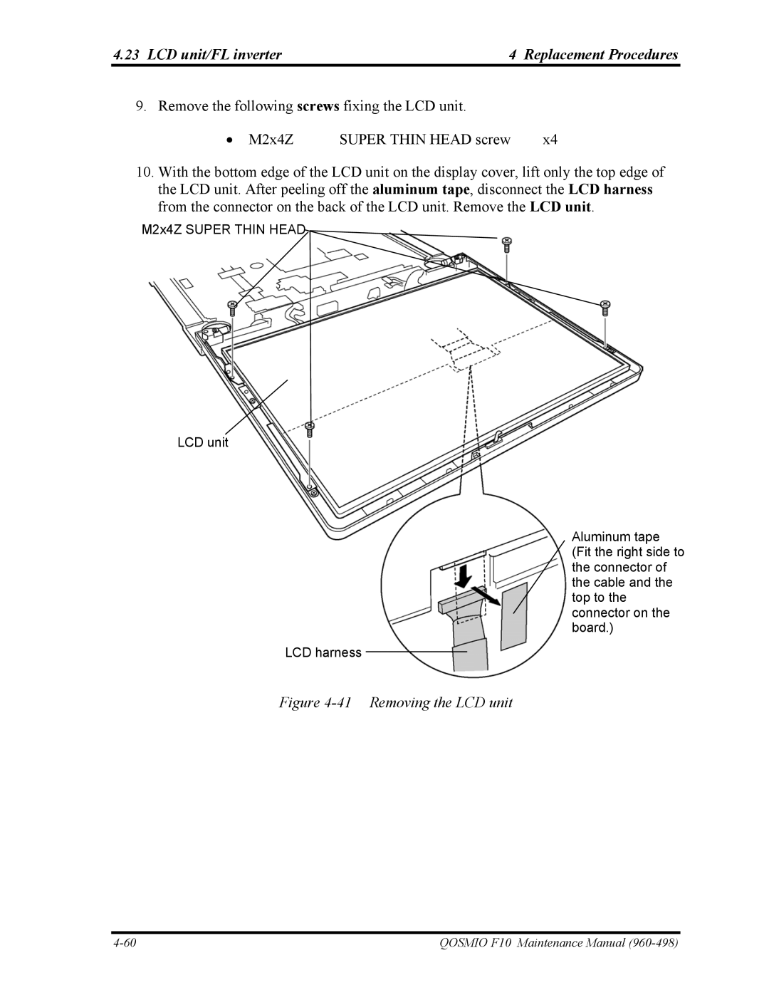 Toshiba 960-498 manual Removing the LCD unit 