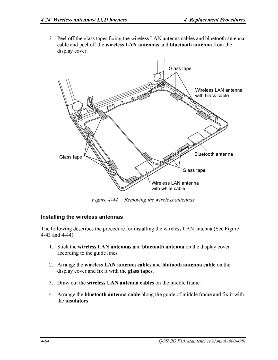 Toshiba 960-498 manual Wireless antennas/ LCD harness Replacement Procedures, Installing the wireless antennas 