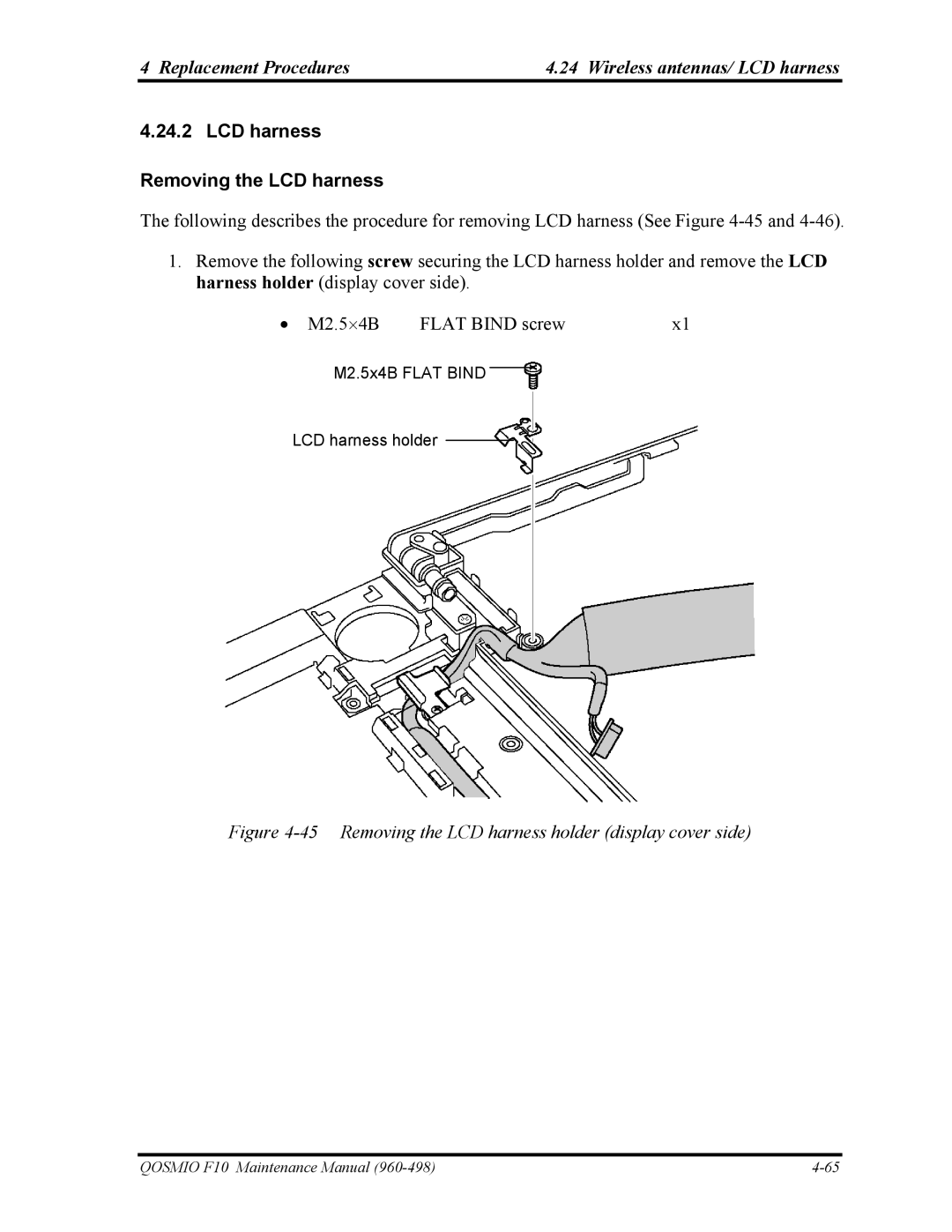 Toshiba 960-498 manual LCD harness Removing the LCD harness, Removing the LCD harness holder display cover side 