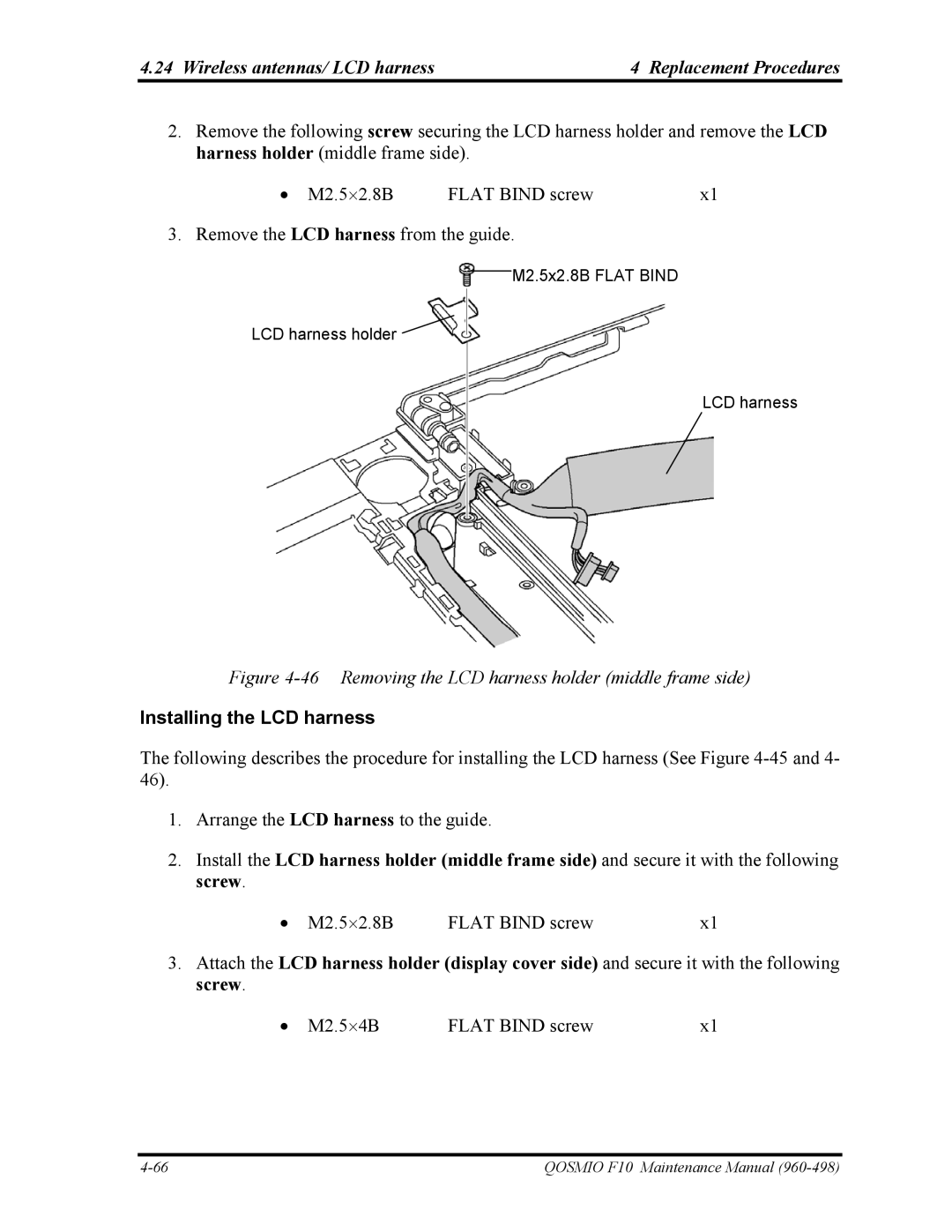 Toshiba 960-498 manual Removing the LCD harness holder middle frame side, Installing the LCD harness 