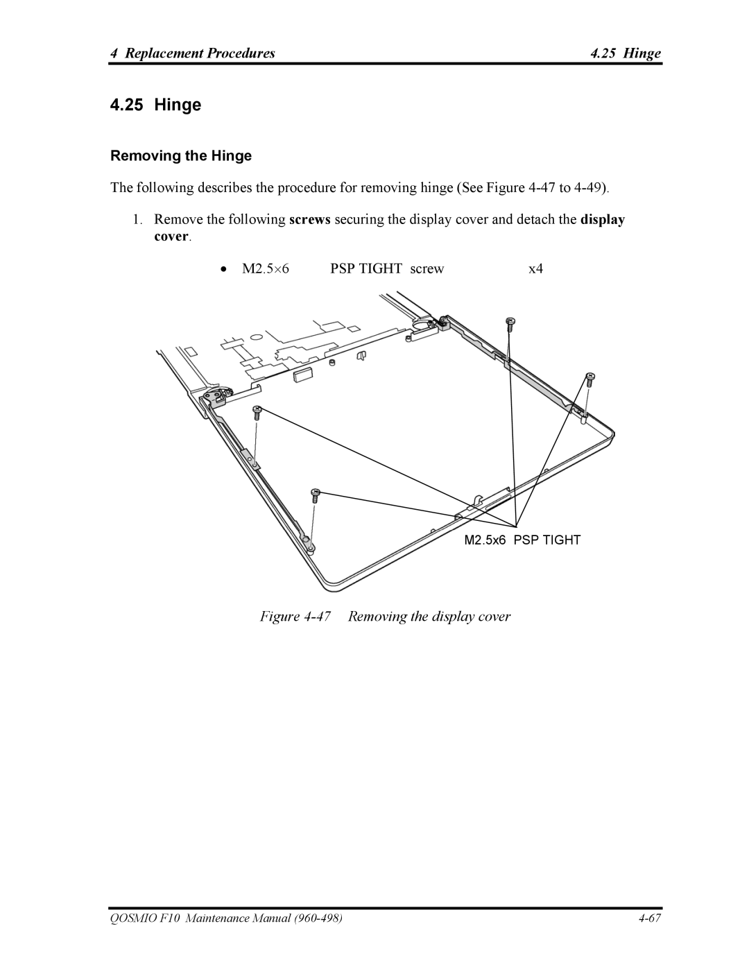 Toshiba 960-498 manual Replacement Procedures Hinge, Removing the Hinge 