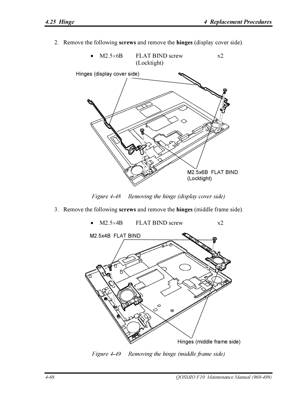 Toshiba 960-498 manual Hinge Replacement Procedures, Removing the hinge display cover side 