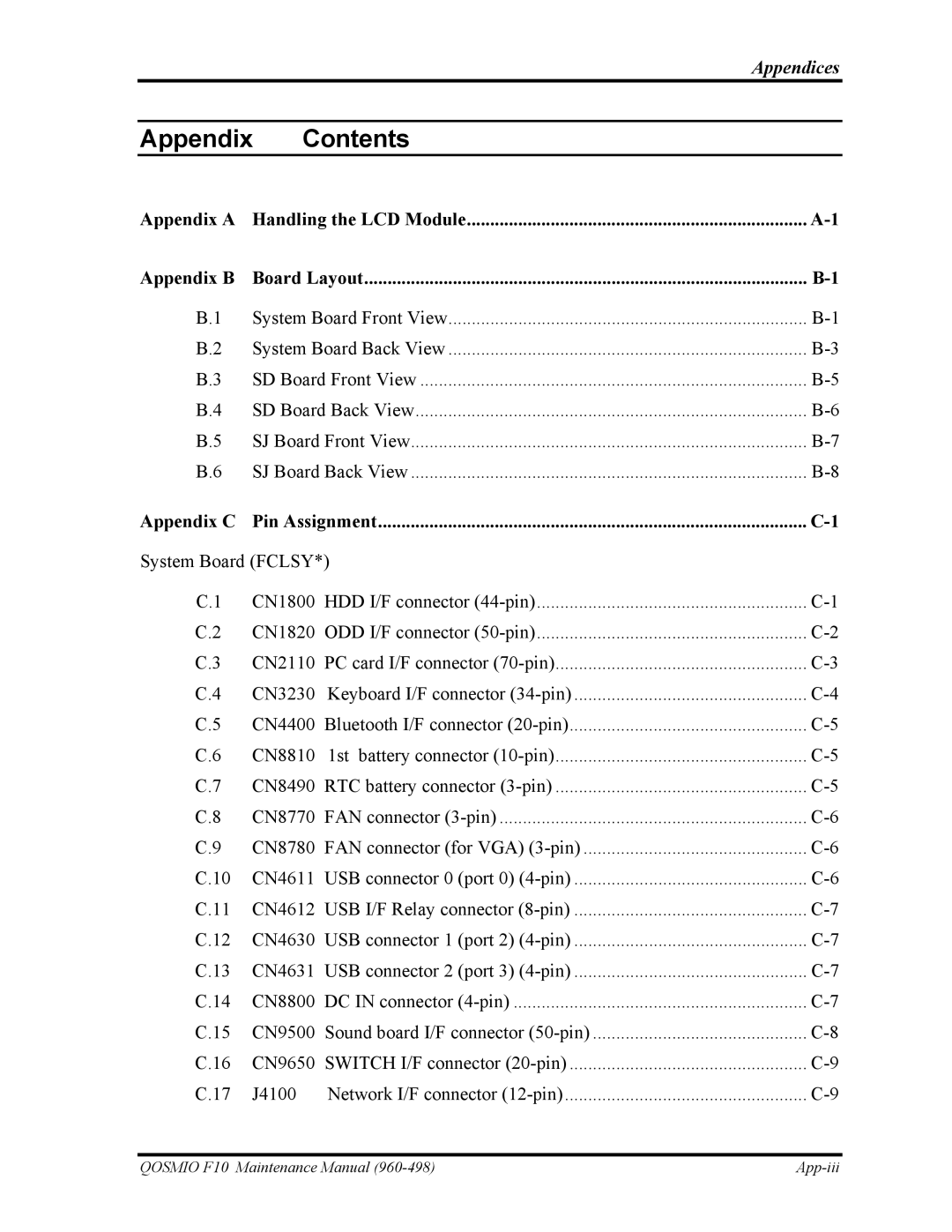 Toshiba 960-498 manual Appendix Contents 