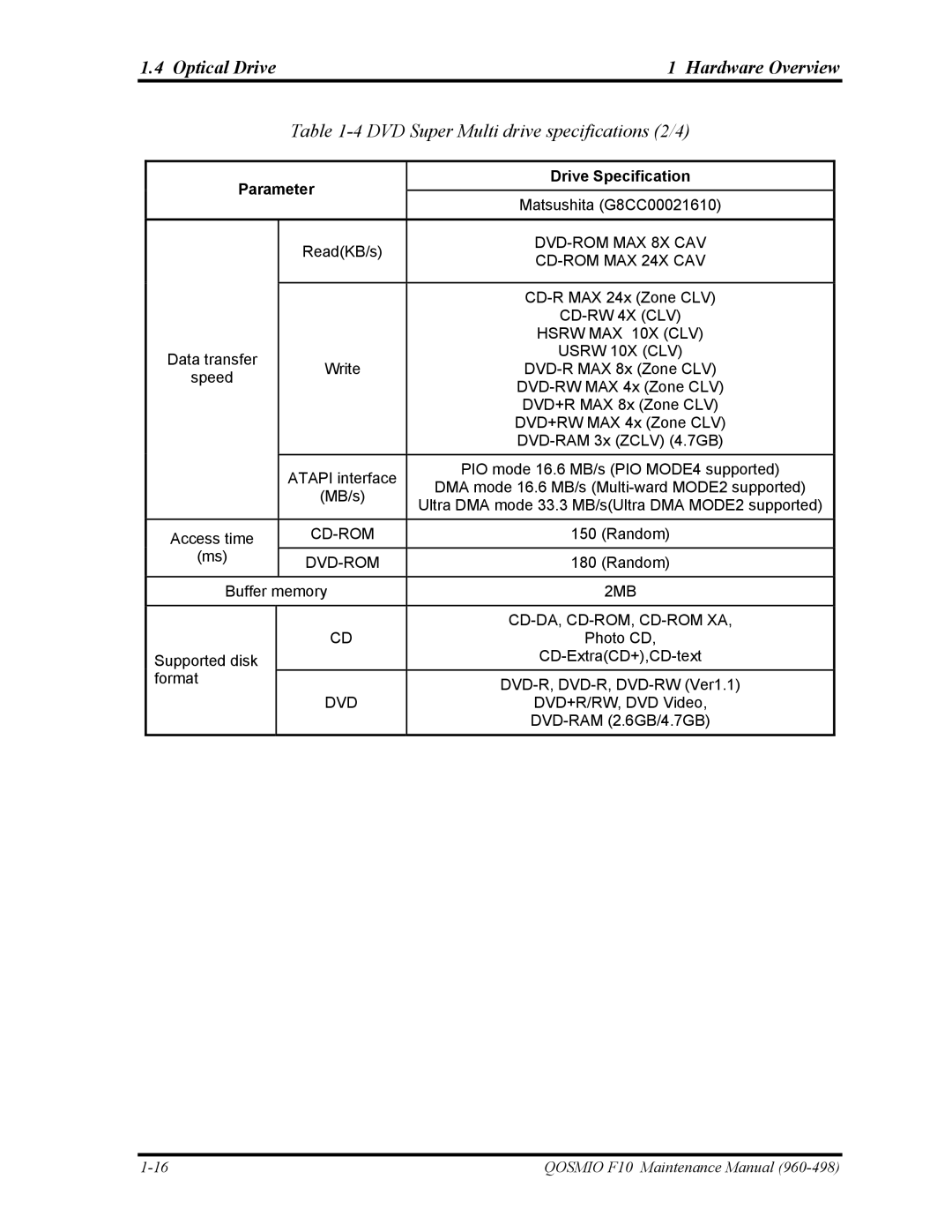 Toshiba 960-498 manual DVD Super Multi drive specifications 2/4, Usrw 10X CLV 