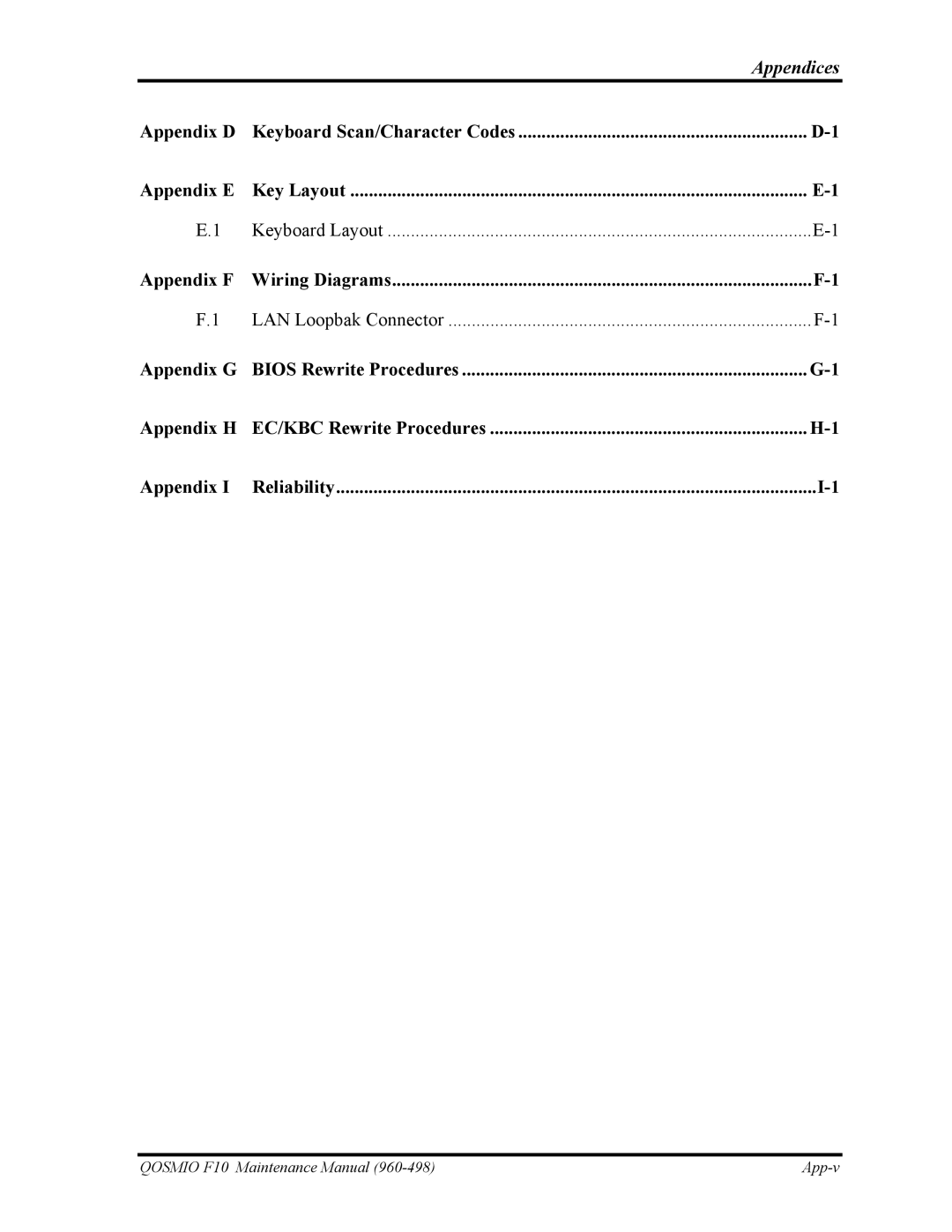 Toshiba 960-498 manual Appendix D Keyboard Scan/Character Codes Appendix E, Appendix F, Appendix G, Appendix H 