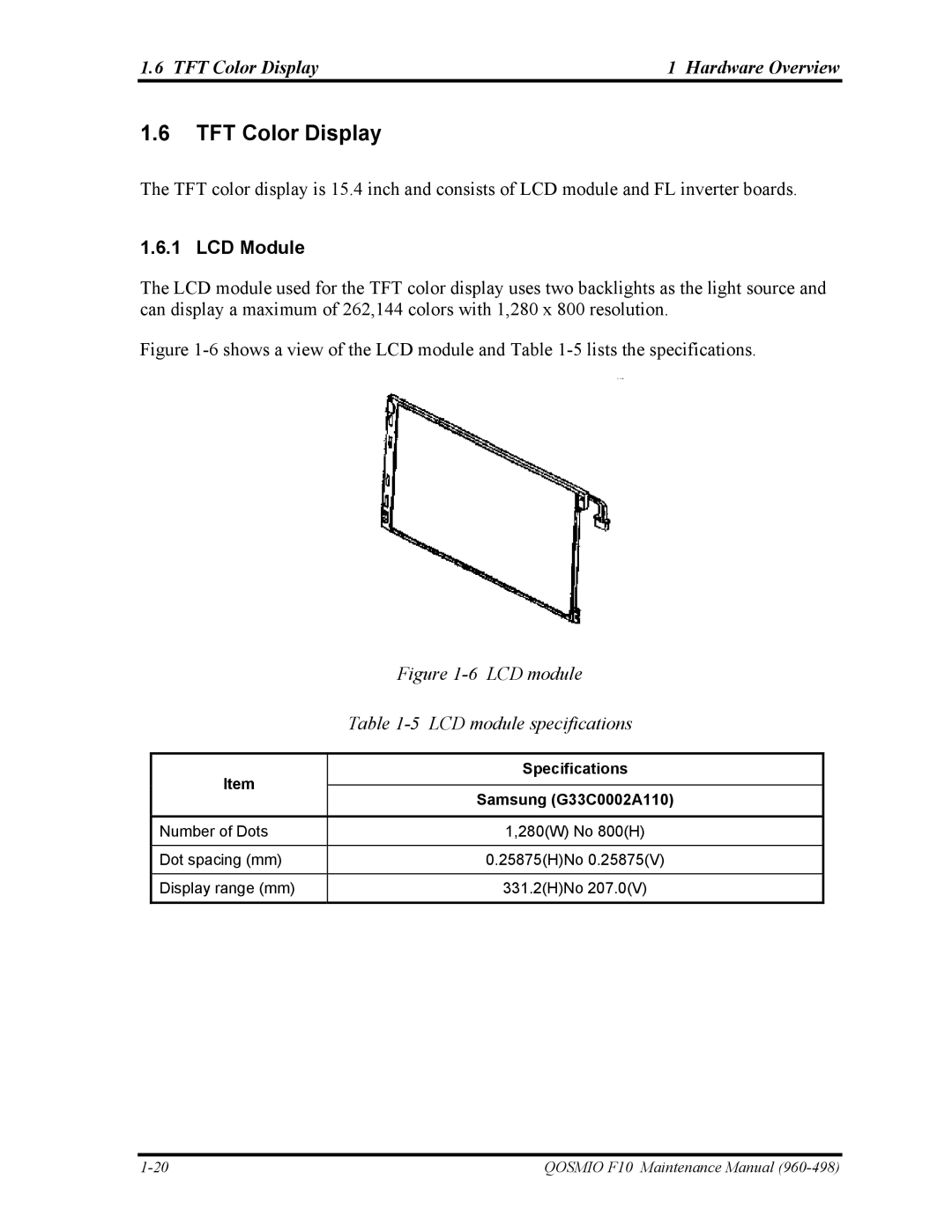 Toshiba 960-498 manual TFT Color Display Hardware Overview, LCD Module, Specifications, Samsung G33C0002A110 