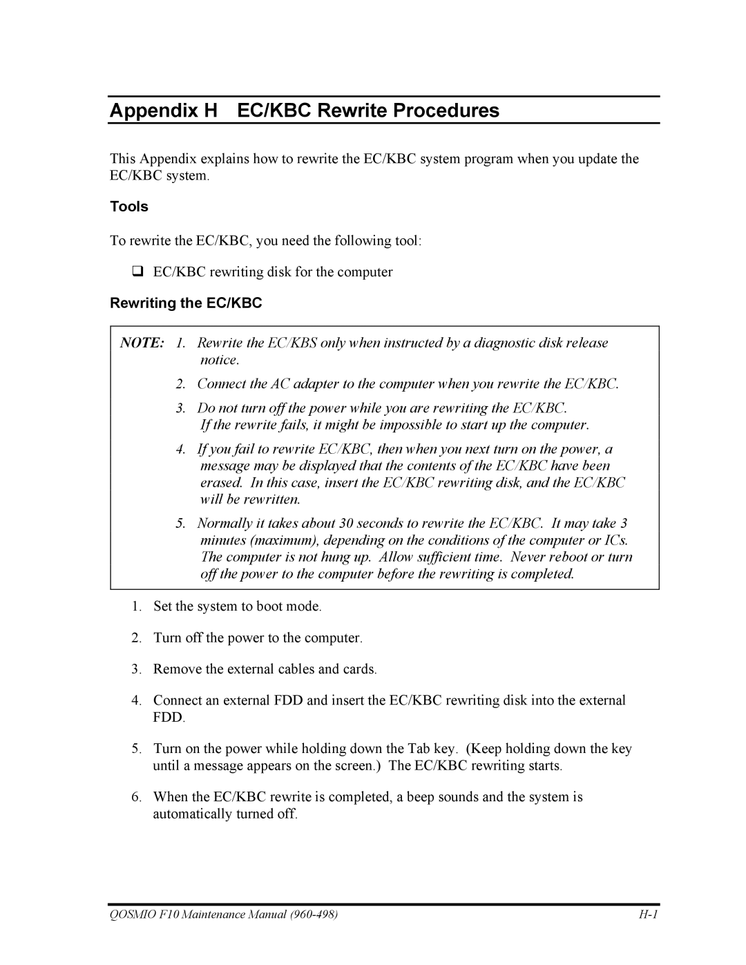 Toshiba 960-498 manual Appendix H EC/KBC Rewrite Procedures, Rewriting the EC/KBC 