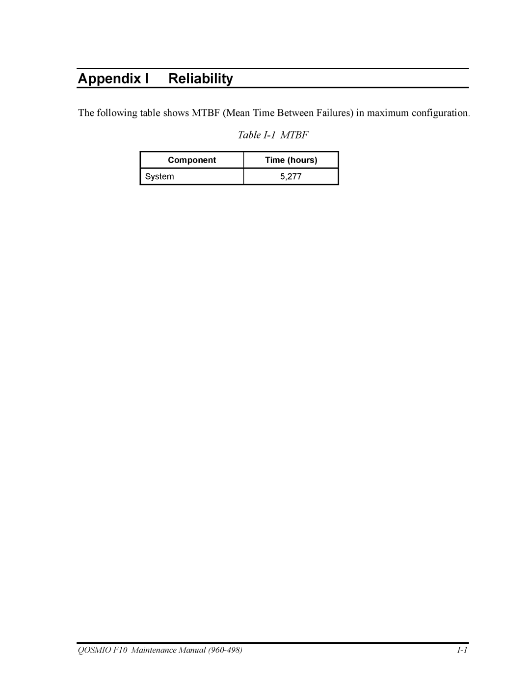 Toshiba 960-498 manual Appendix I Reliability, Table I-1 Mtbf 