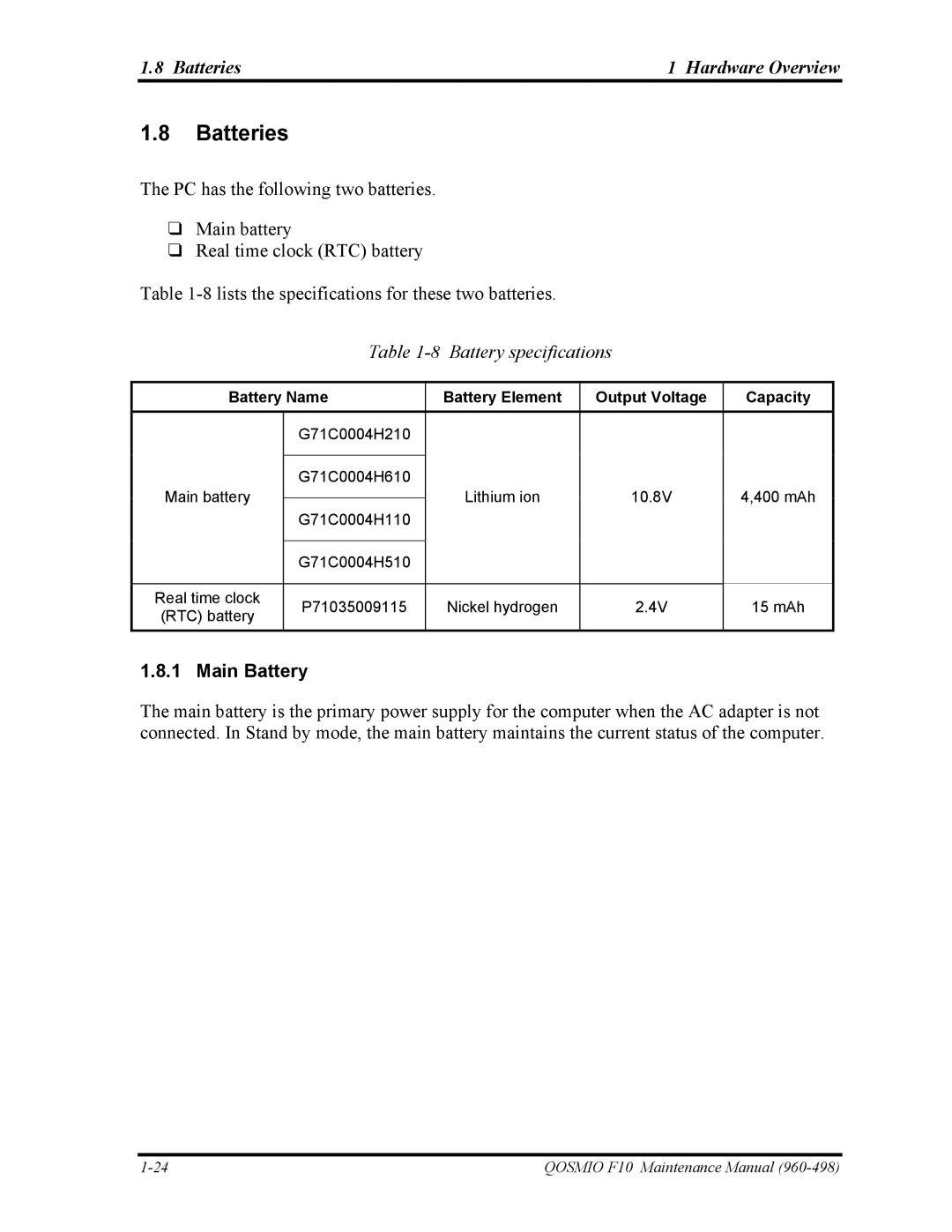 Toshiba 960-498 manual Batteries Hardware Overview, Battery specifications, Main Battery 
