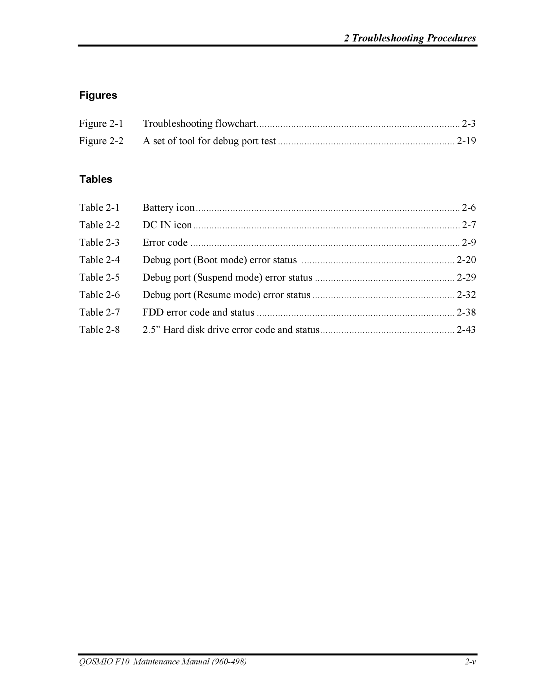 Toshiba 960-498 manual Troubleshooting flowchart Set of tool for debug port test 