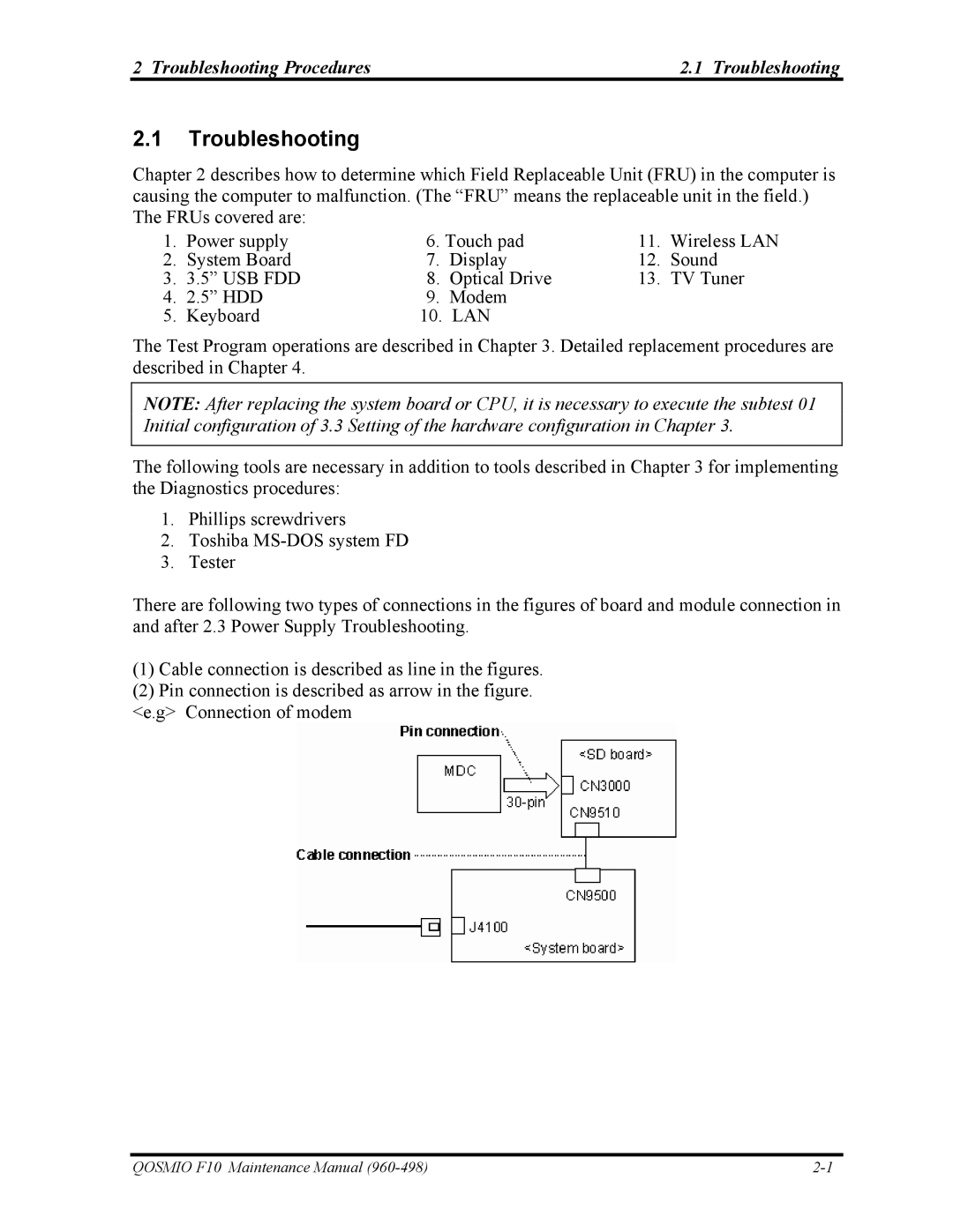 Toshiba 960-498 manual Troubleshooting 