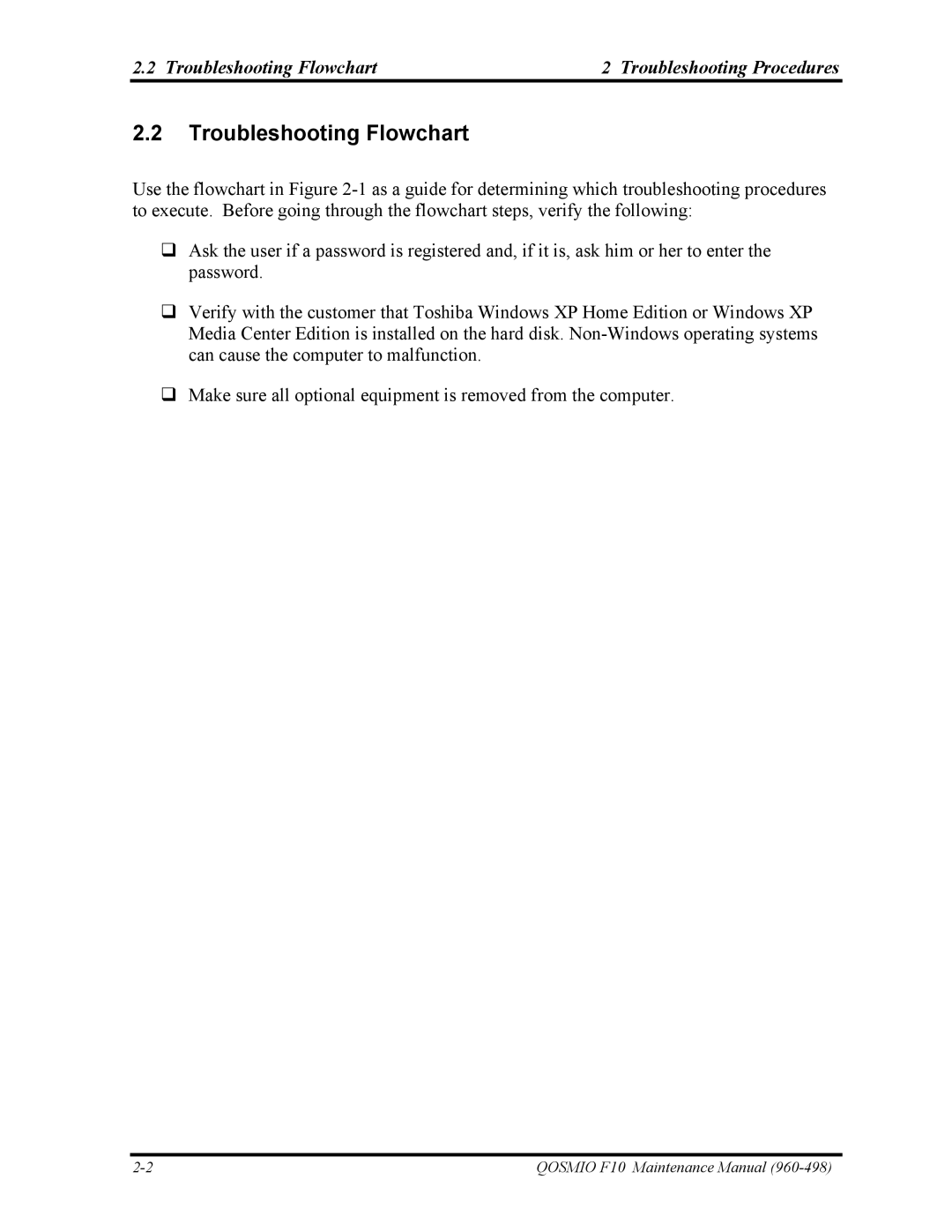 Toshiba 960-498 manual Troubleshooting Flowchart Troubleshooting Procedures 