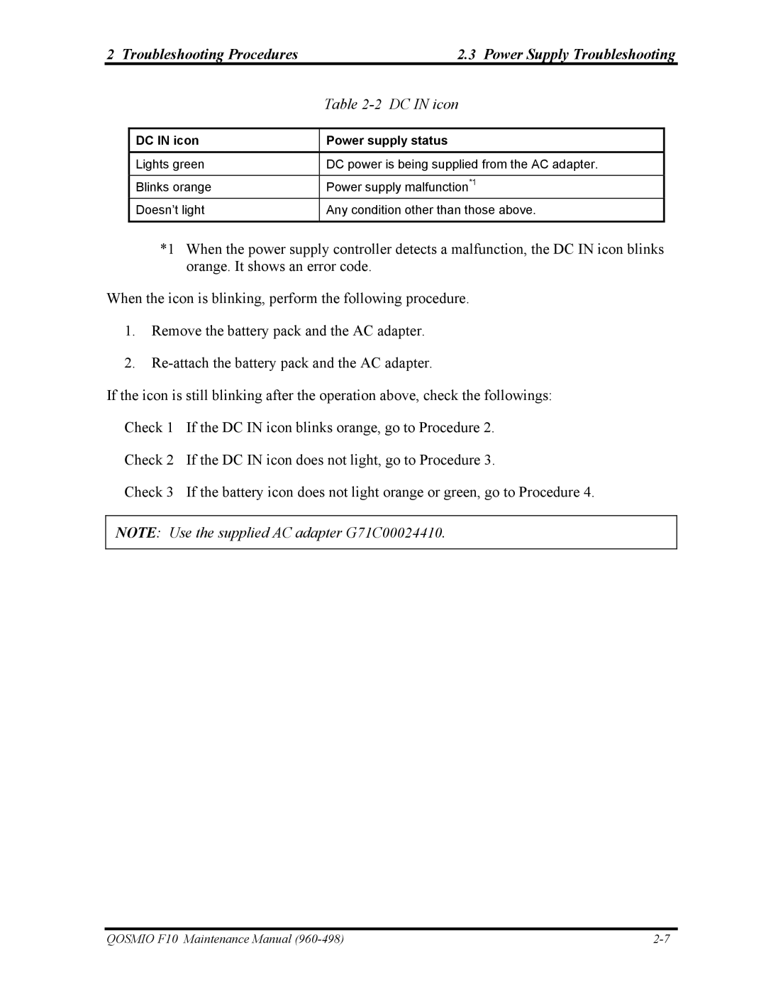 Toshiba 960-498 manual Troubleshooting Procedures Power Supply Troubleshooting, DC in icon Power supply status 