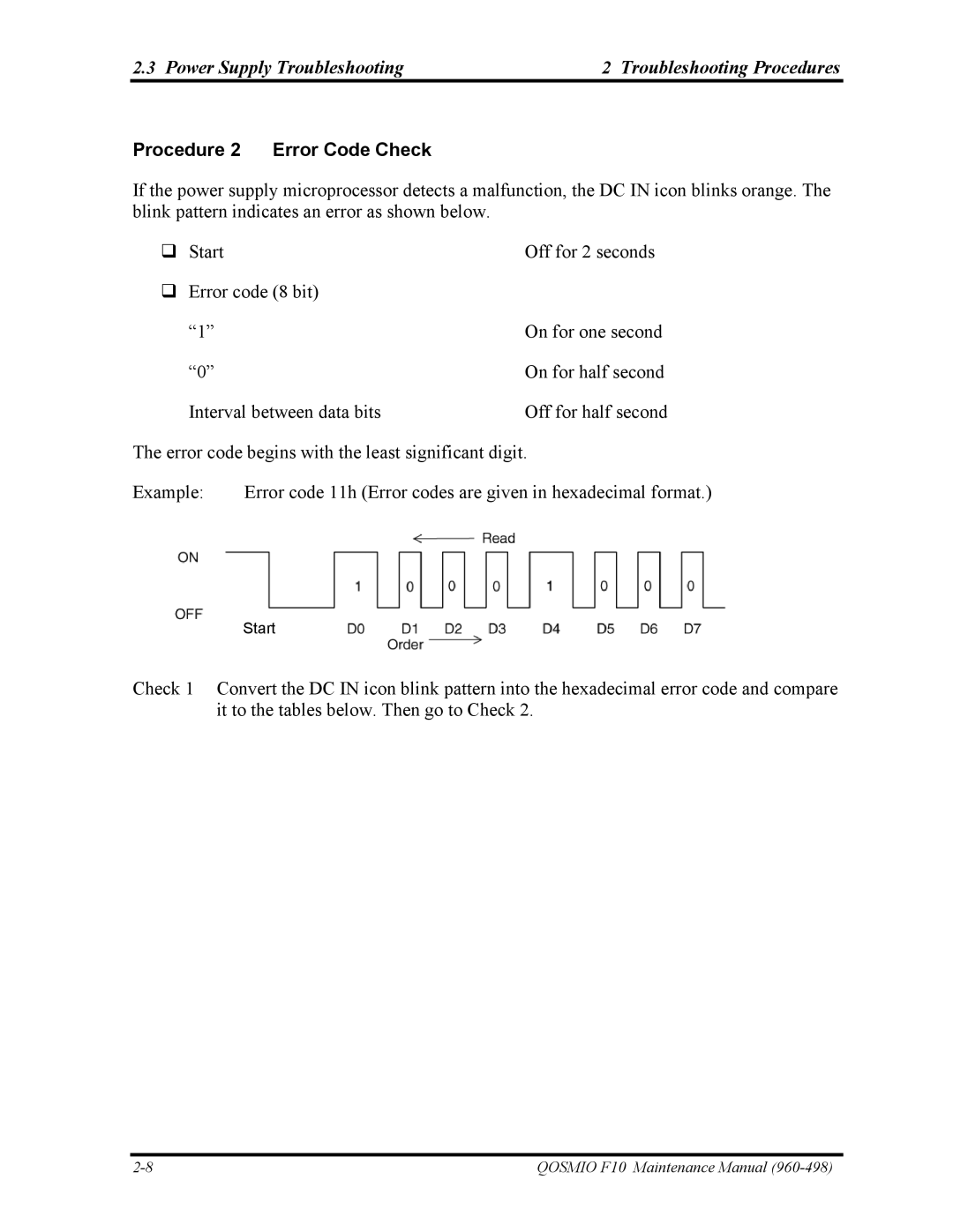 Toshiba 960-498 manual Procedure 2 Error Code Check 