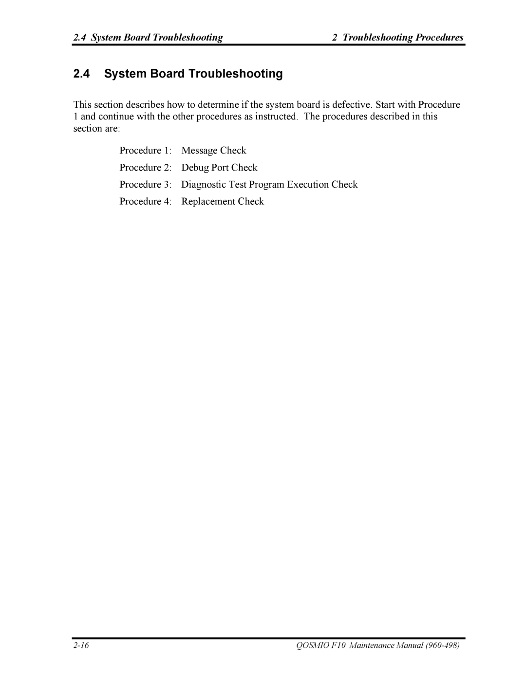 Toshiba 960-498 manual System Board Troubleshooting Troubleshooting Procedures 