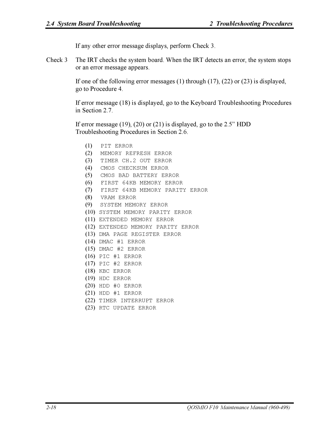 Toshiba 960-498 manual KBC Error HDC Error 