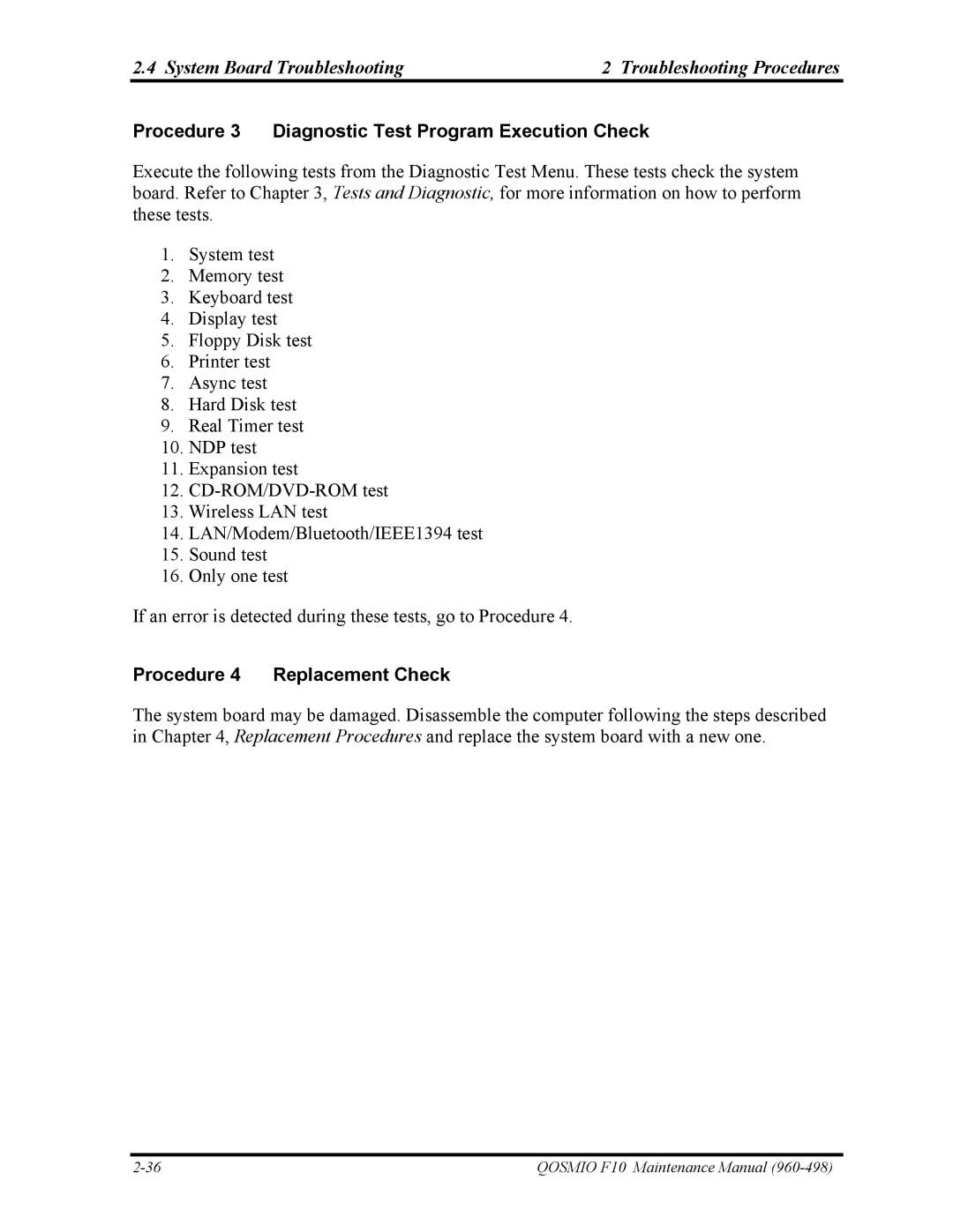 Toshiba 960-498 manual Procedure 3 Diagnostic Test Program Execution Check, Procedure 4 Replacement Check 