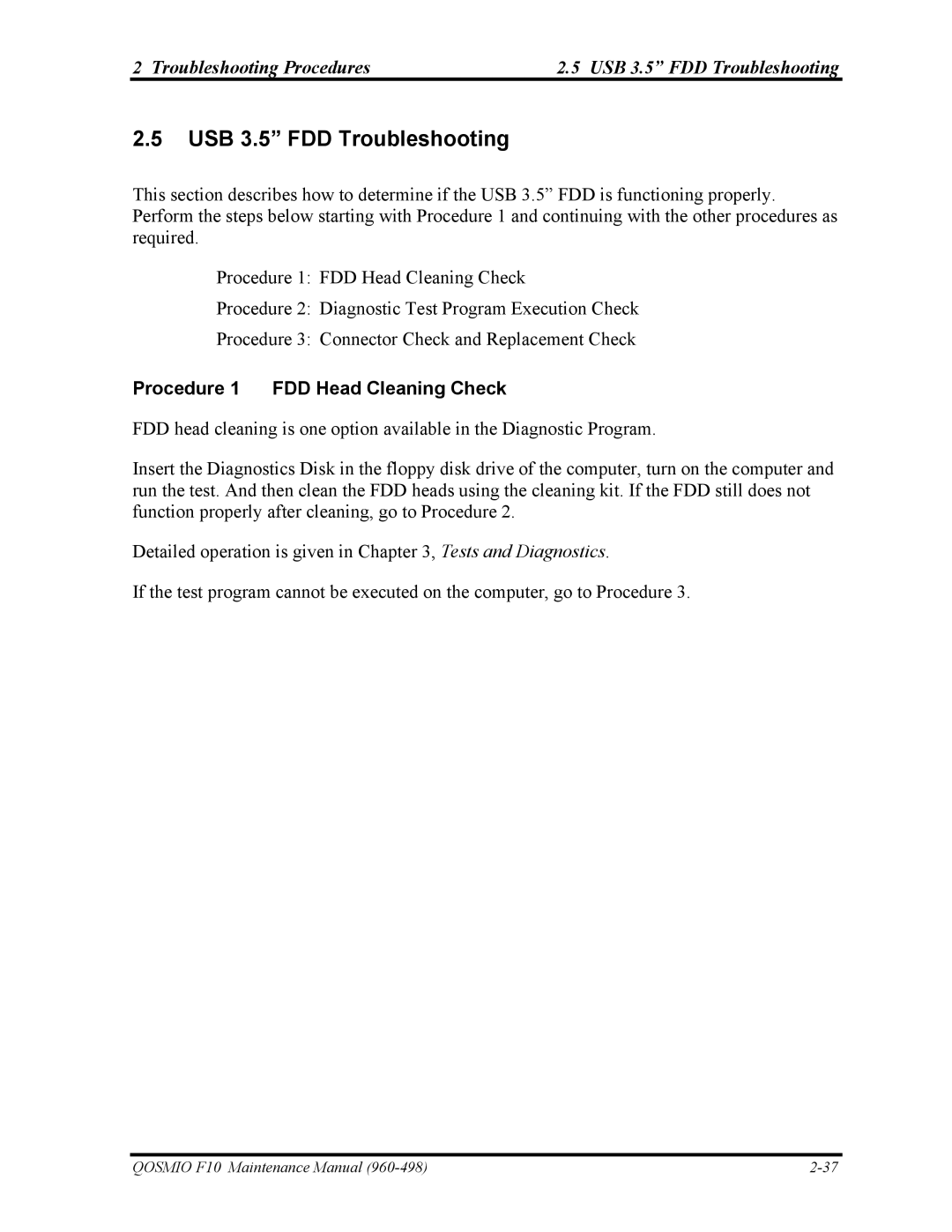 Toshiba 960-498 manual Troubleshooting Procedures USB 3.5 FDD Troubleshooting, Procedure 1 FDD Head Cleaning Check 