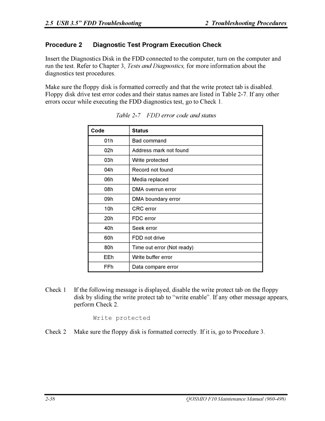 Toshiba 960-498 manual USB 3.5 FDD Troubleshooting Troubleshooting Procedures, FDD error code and status, Code Status 