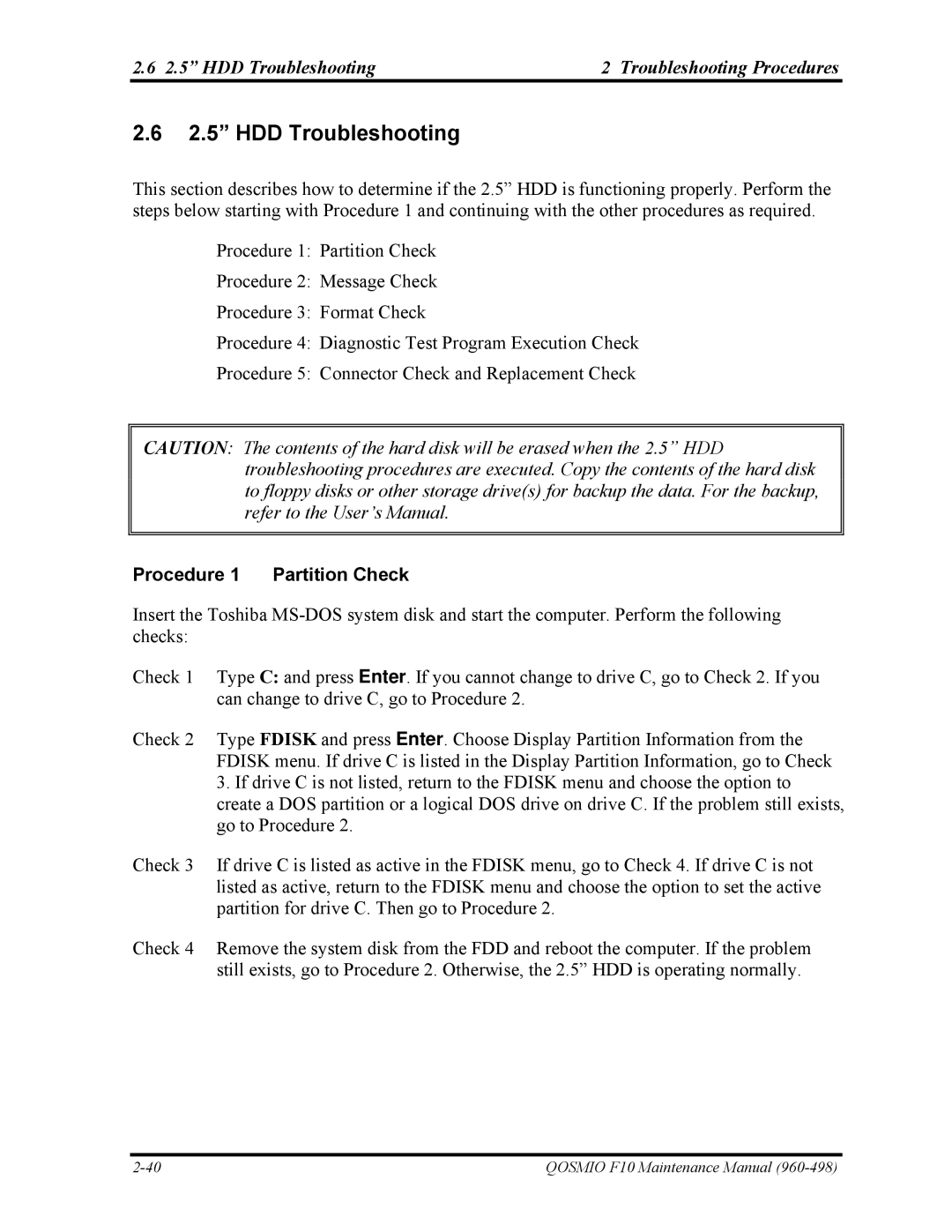 Toshiba 960-498 manual HDD Troubleshooting Troubleshooting Procedures, Procedure 1 Partition Check 