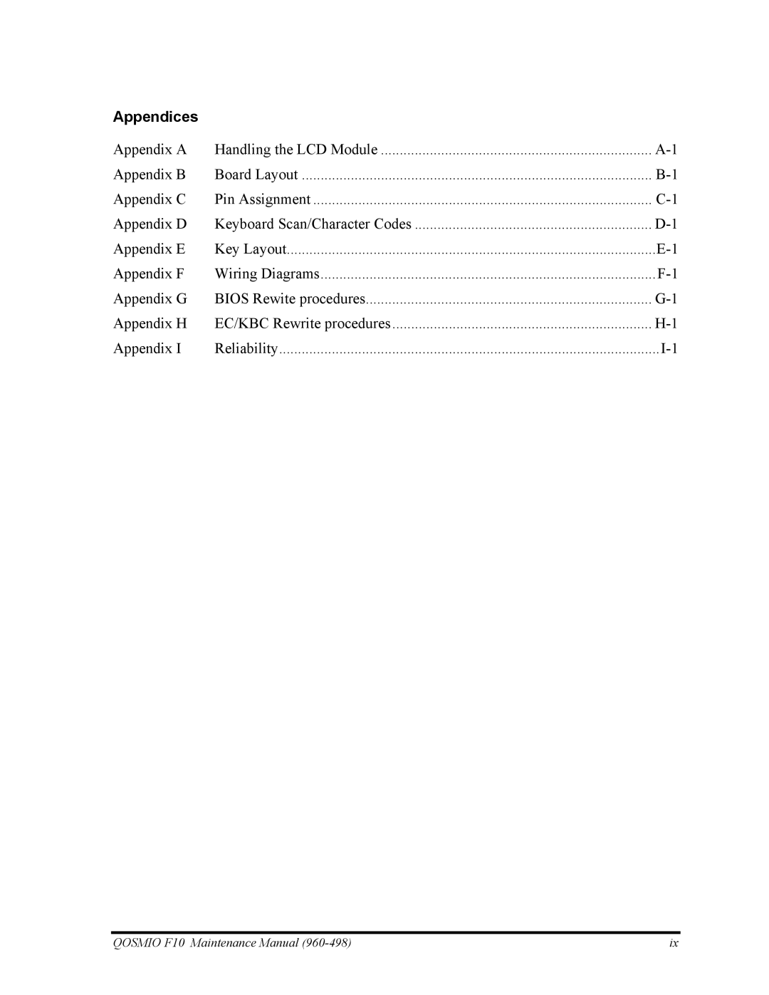 Toshiba 960-498 manual Appendices 