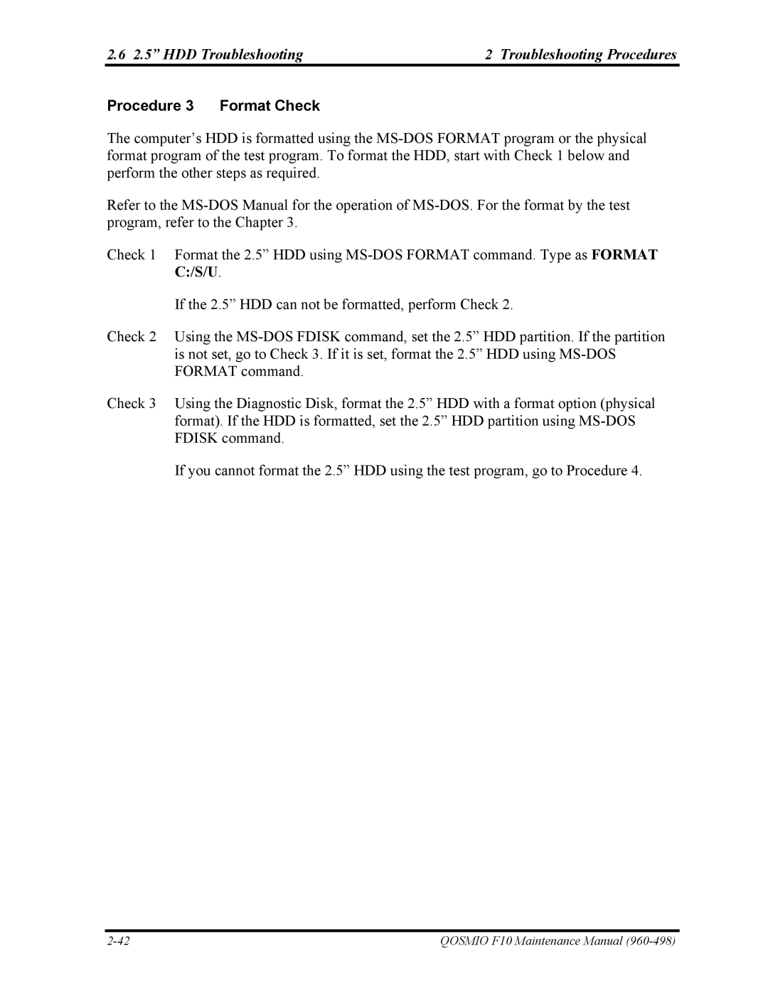 Toshiba 960-498 manual Procedure 3 Format Check 