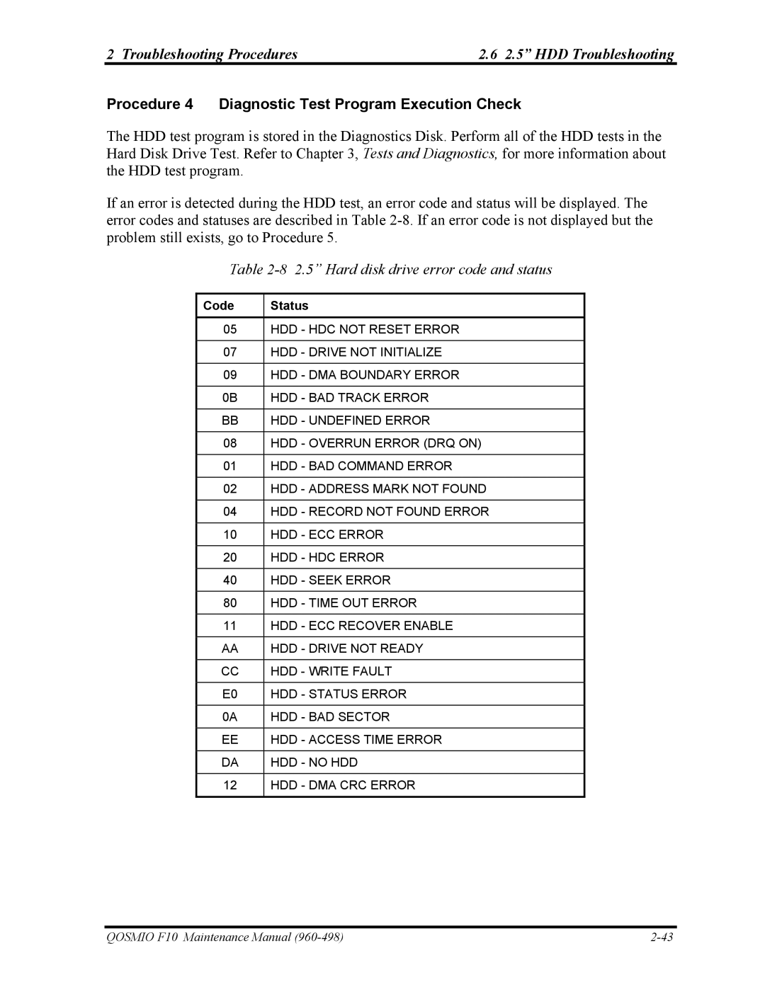 Toshiba 960-498 manual Procedure 4 Diagnostic Test Program Execution Check, Hard disk drive error code and status 