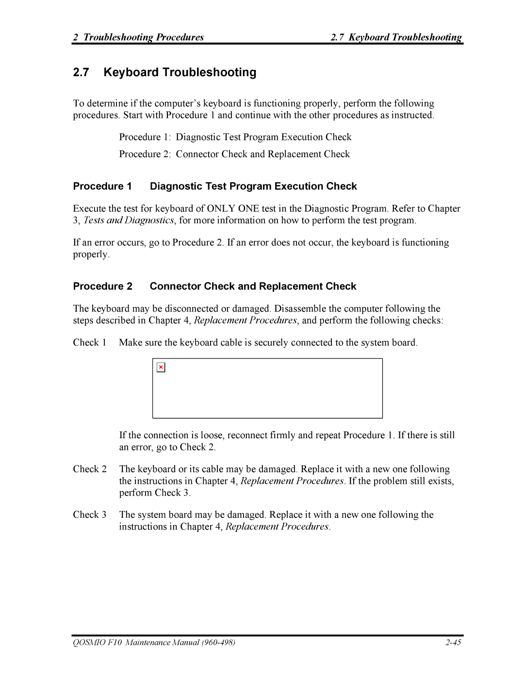 Toshiba 960-498 Troubleshooting Procedures Keyboard Troubleshooting, Procedure 2 Connector Check and Replacement Check 