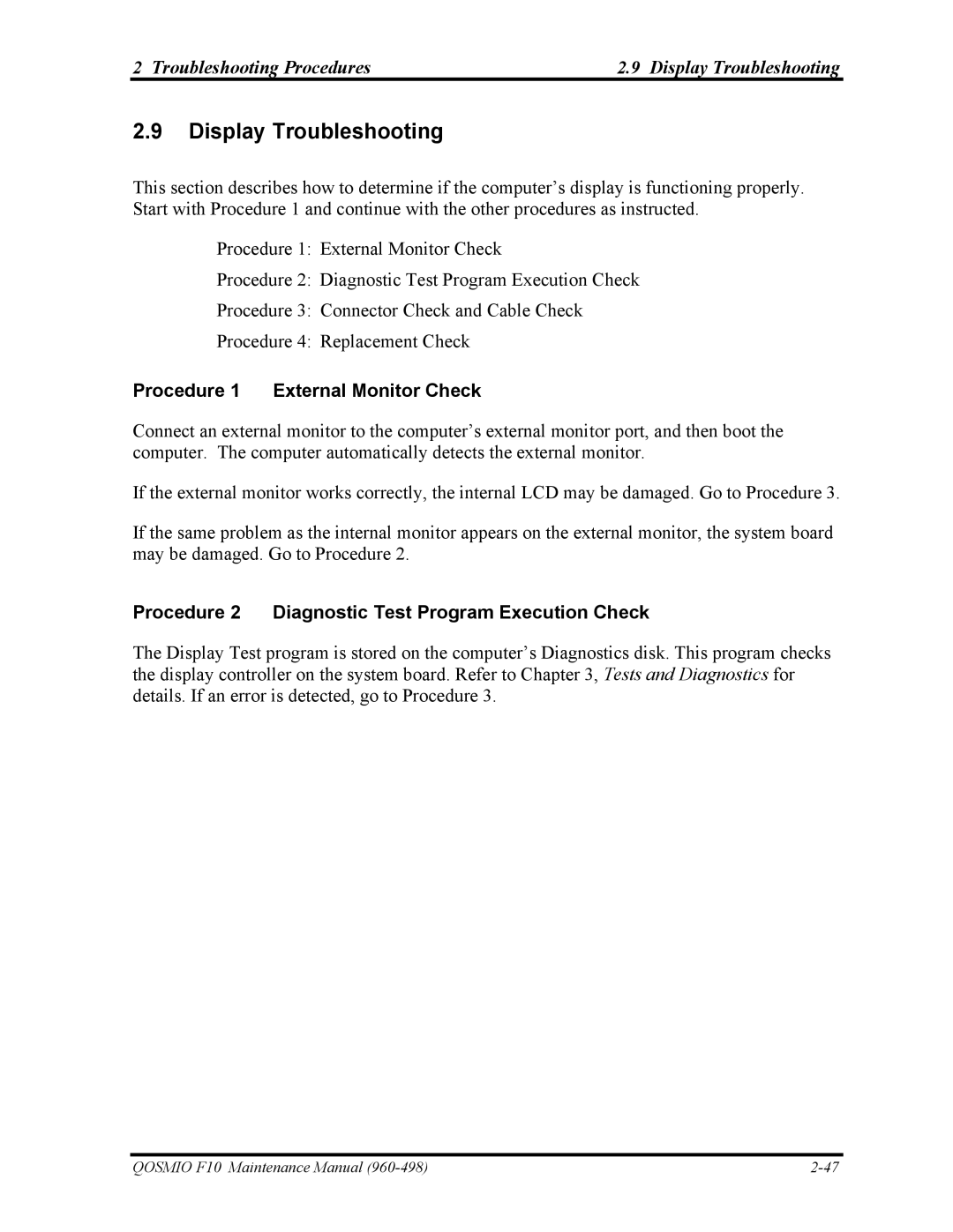 Toshiba 960-498 manual Troubleshooting Procedures Display Troubleshooting, Procedure 1 External Monitor Check 
