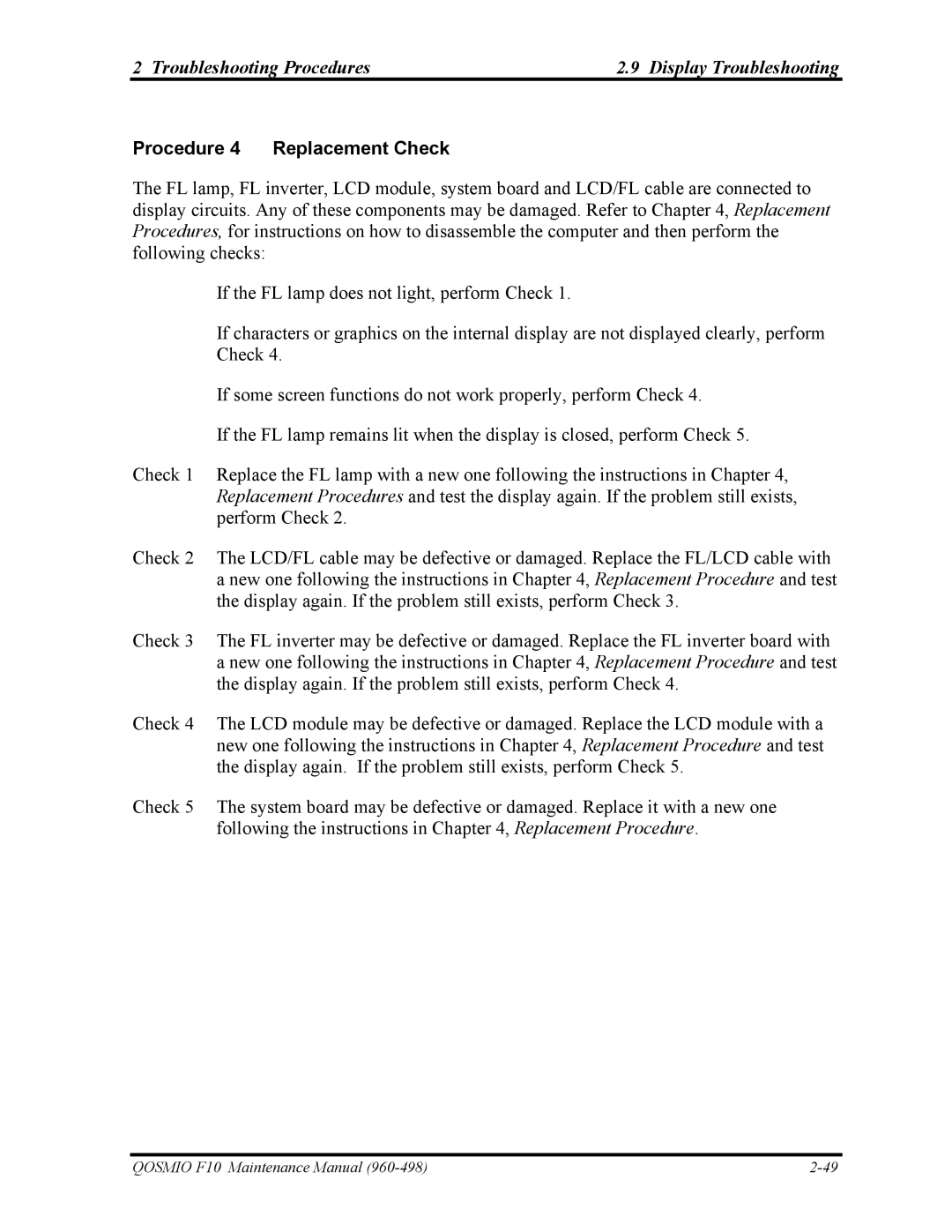 Toshiba 960-498 manual Procedure 4 Replacement Check 