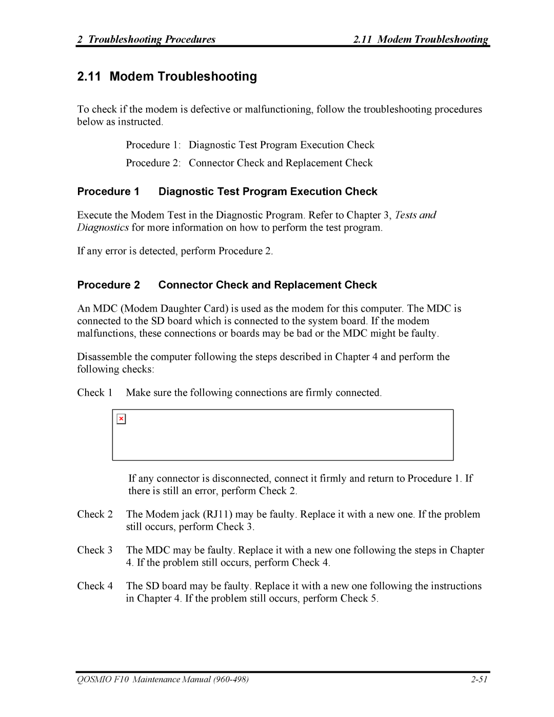 Toshiba 960-498 manual Troubleshooting Procedures Modem Troubleshooting 