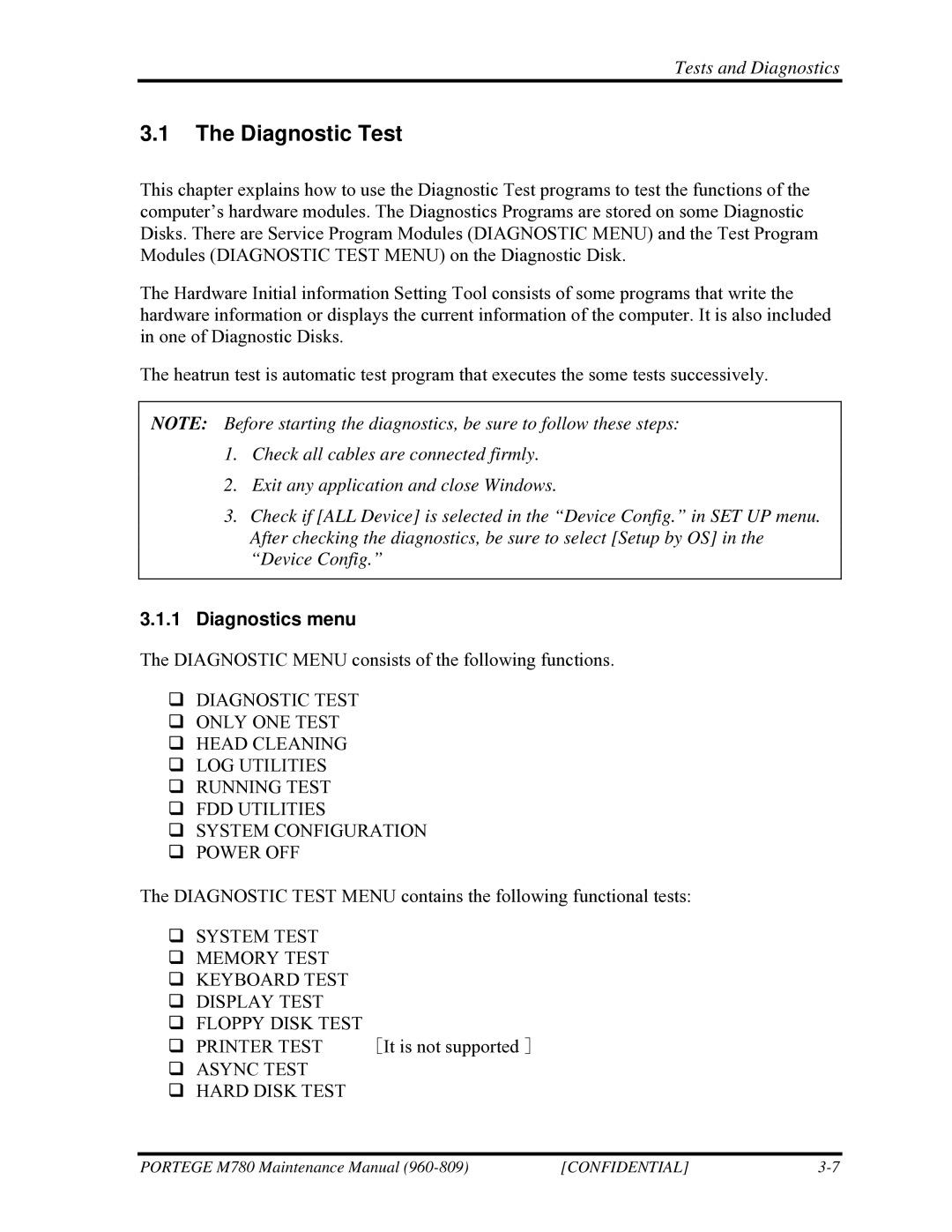 Toshiba 960-809 manual Diagnostic Test, Diagnostics menu 