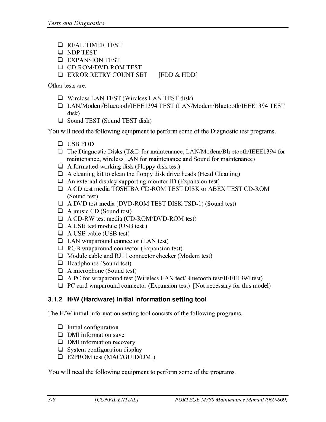 Toshiba 960-809 manual 2 H/W Hardware initial information setting tool 