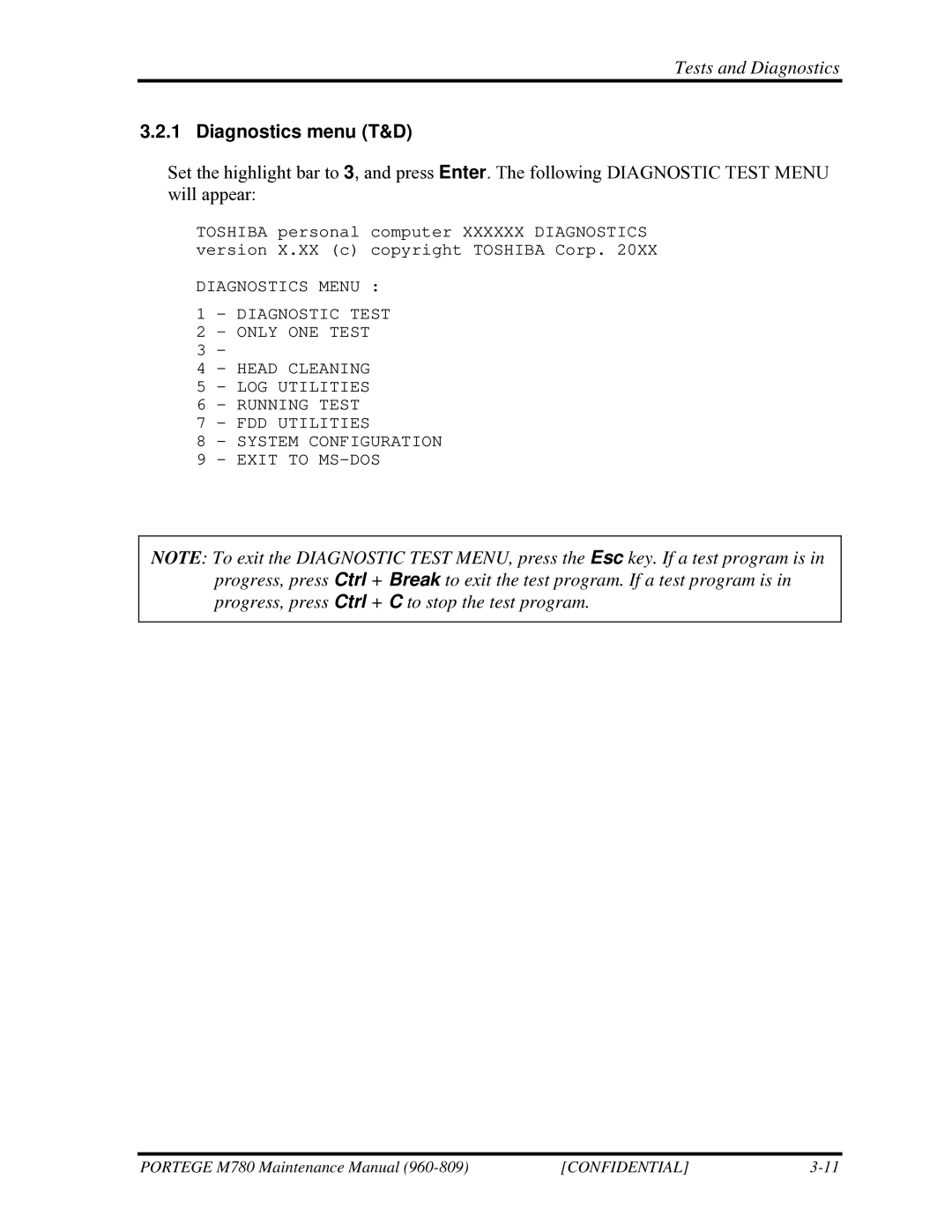 Toshiba 960-809 manual Diagnostics menu T&D 