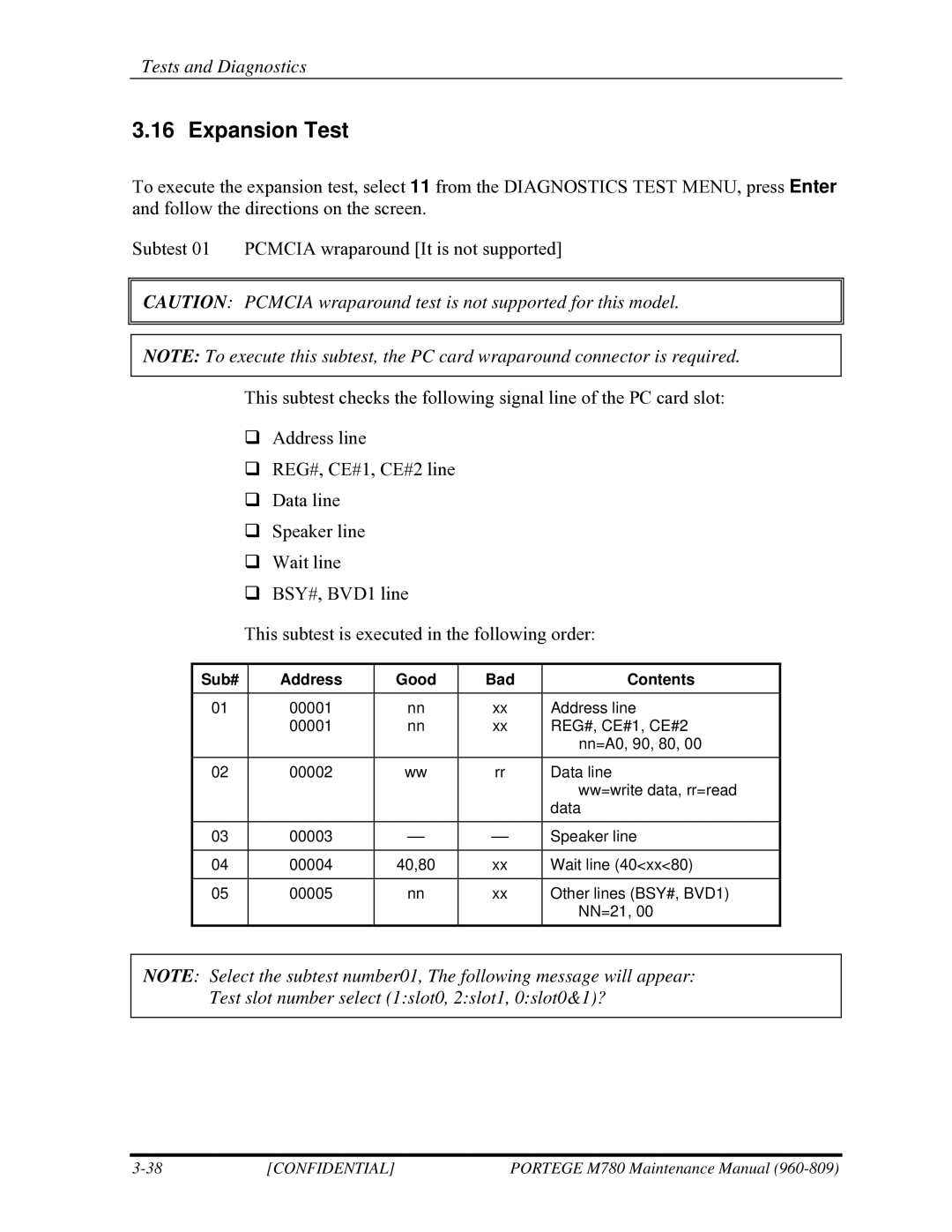 Toshiba 960-809 manual Expansion Test, Sub# Address Good Bad Contents 