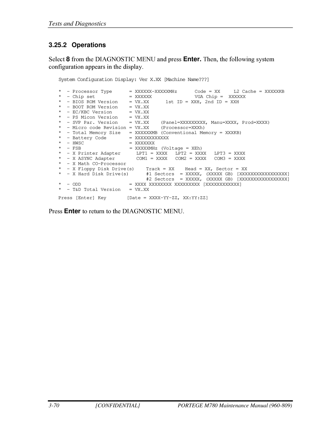 Toshiba 960-809 manual Press Enter to return to the Diagnostic Menu 