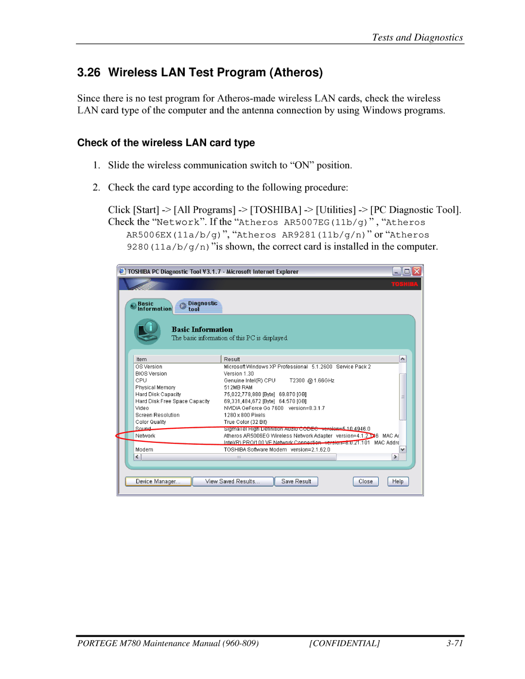 Toshiba 960-809 manual Wireless LAN Test Program Atheros, Check of the wireless LAN card type 