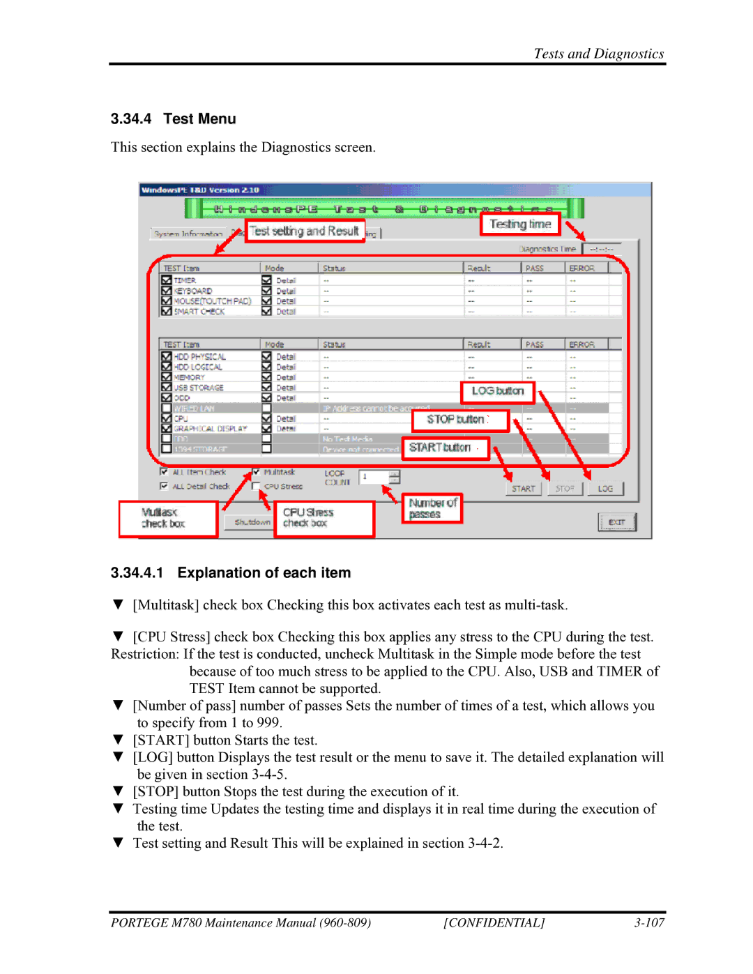 Toshiba 960-809 manual Test Menu, Explanation of each item 