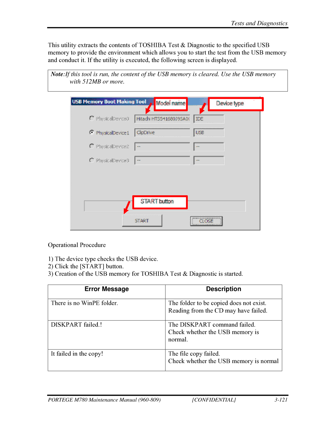 Toshiba 960-809 manual Error Message Description 