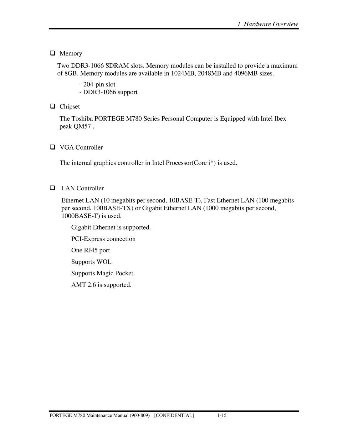 Toshiba 960-809 manual Hardware Overview 