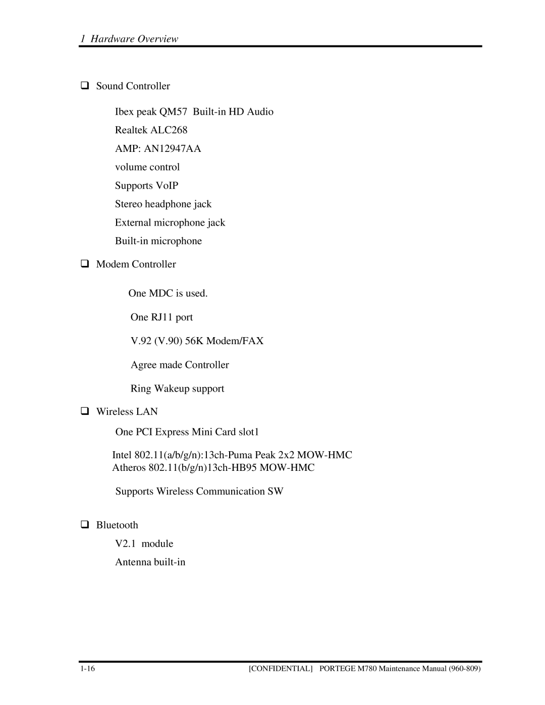 Toshiba 960-809 manual Hardware Overview 